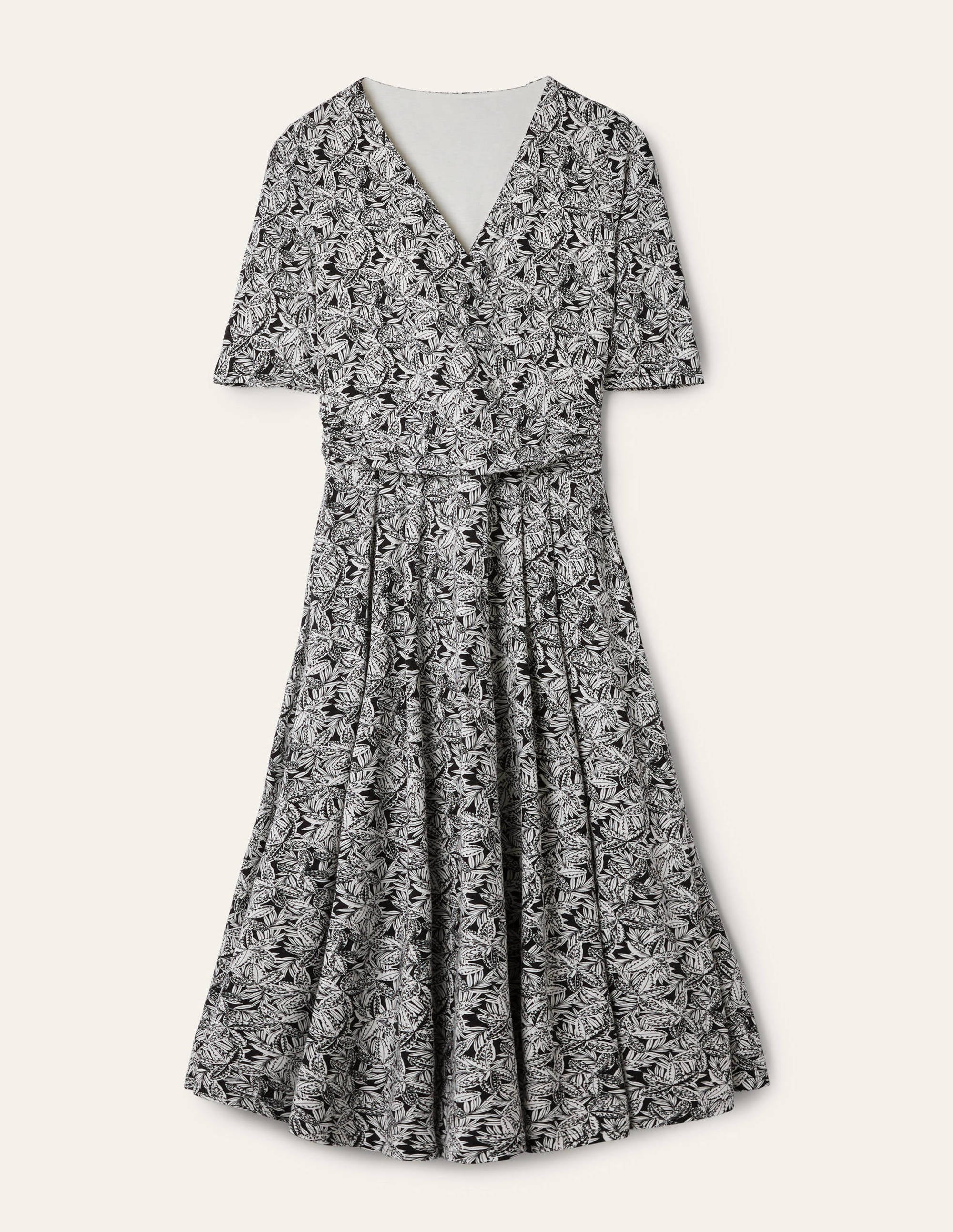 Ruched Waist Jersey Midi Dress-Black, Exotic Leaves - Image 5