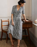Ruched Waist Jersey Midi Dress-Black, Exotic Leaves