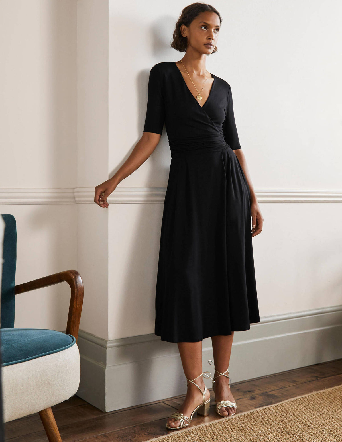 Ruched Waist Jersey Midi Dress-Black - Image 1