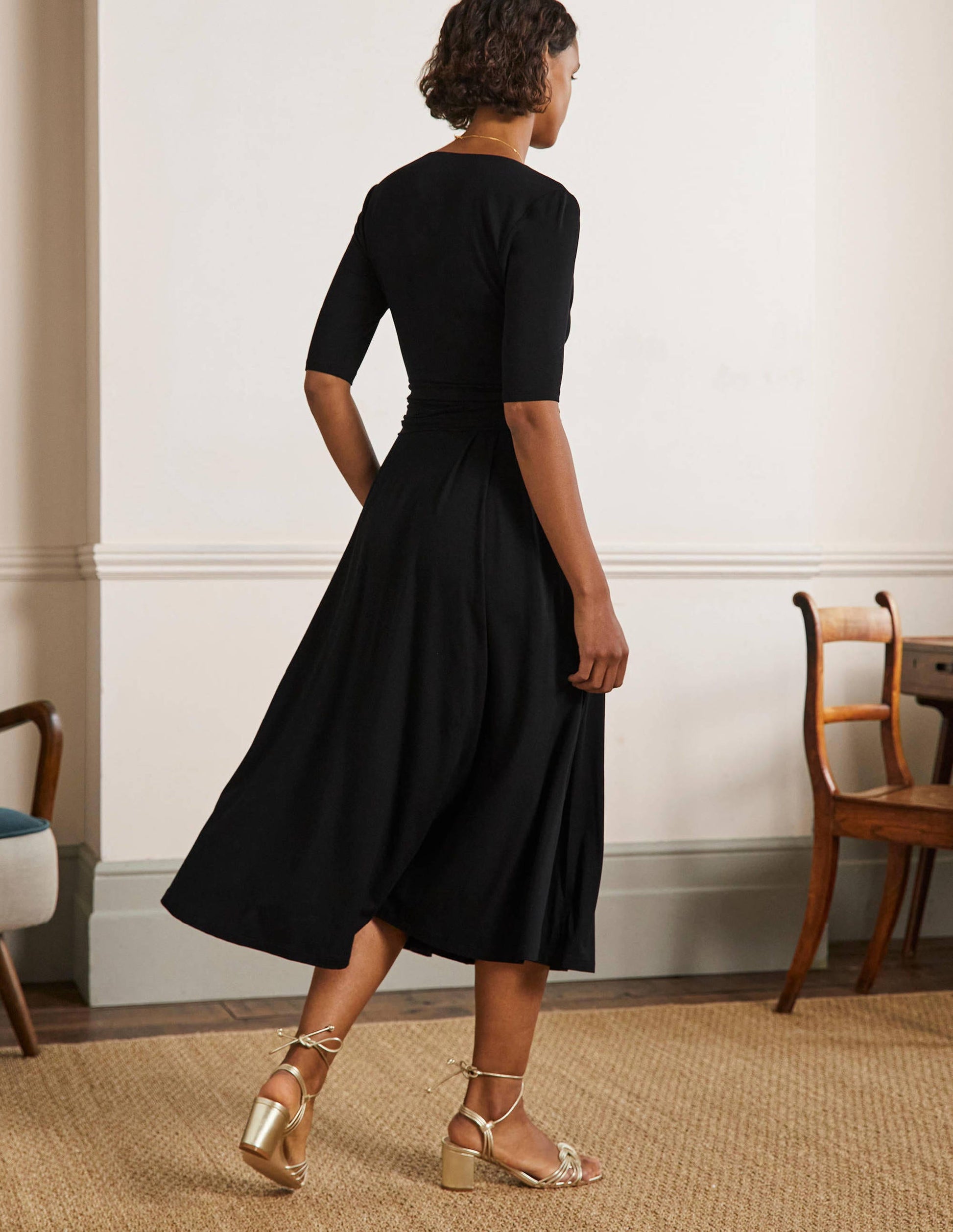Ruched Waist Jersey Midi Dress-Black-3