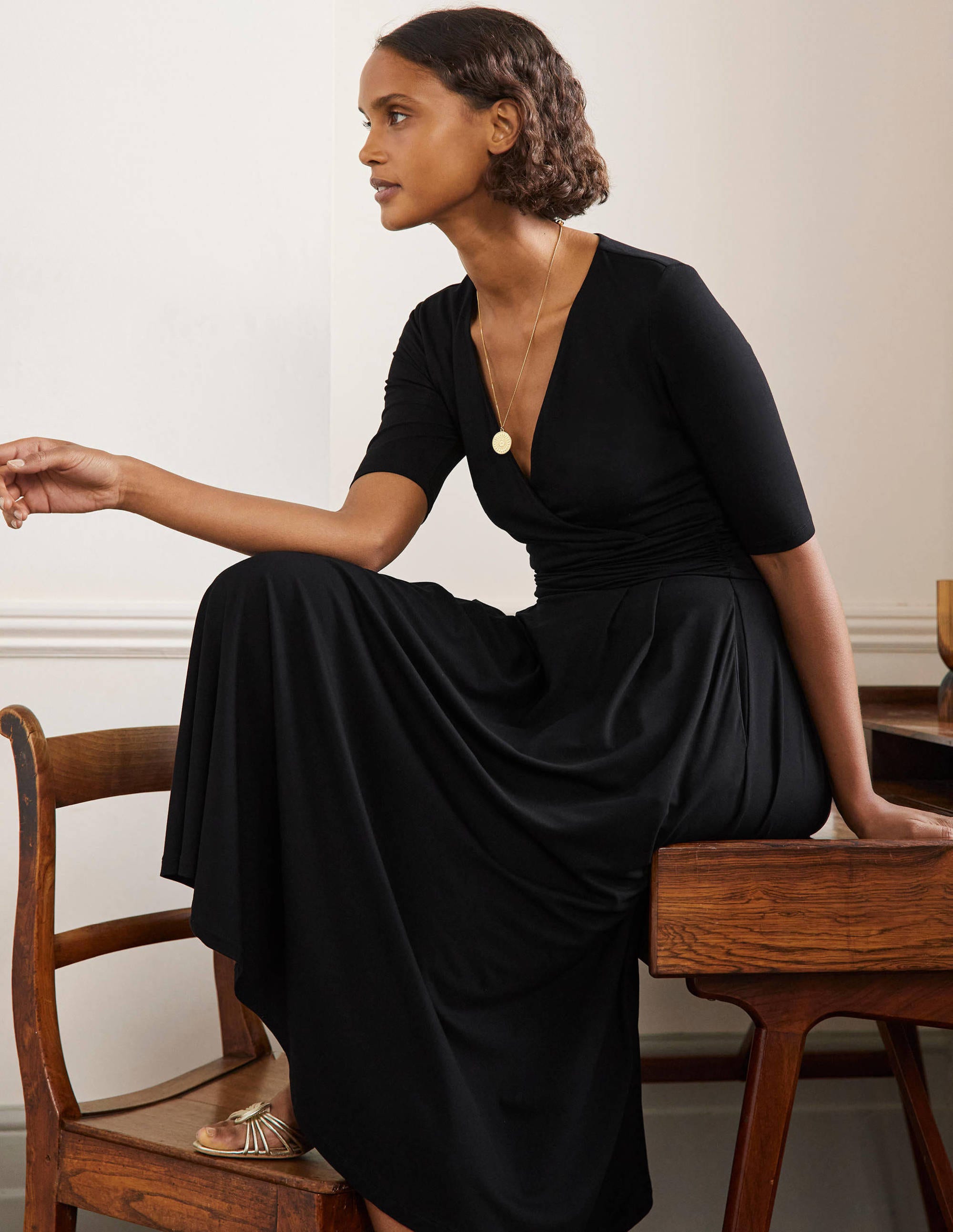 Ruched Waist Jersey Midi Dress-Black - Image 4