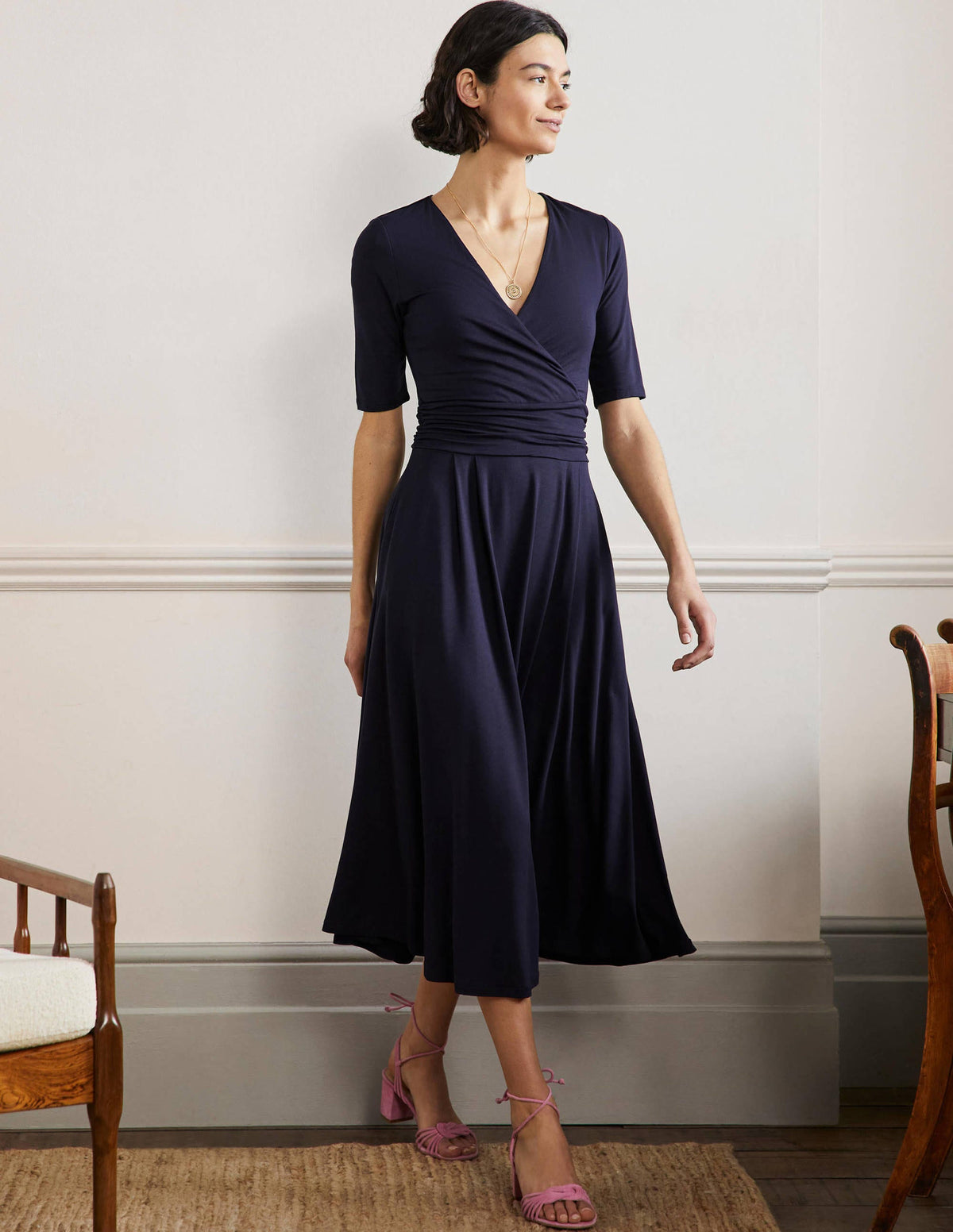 Ruched Waist Jersey Midi Dress-Navy - Image 1