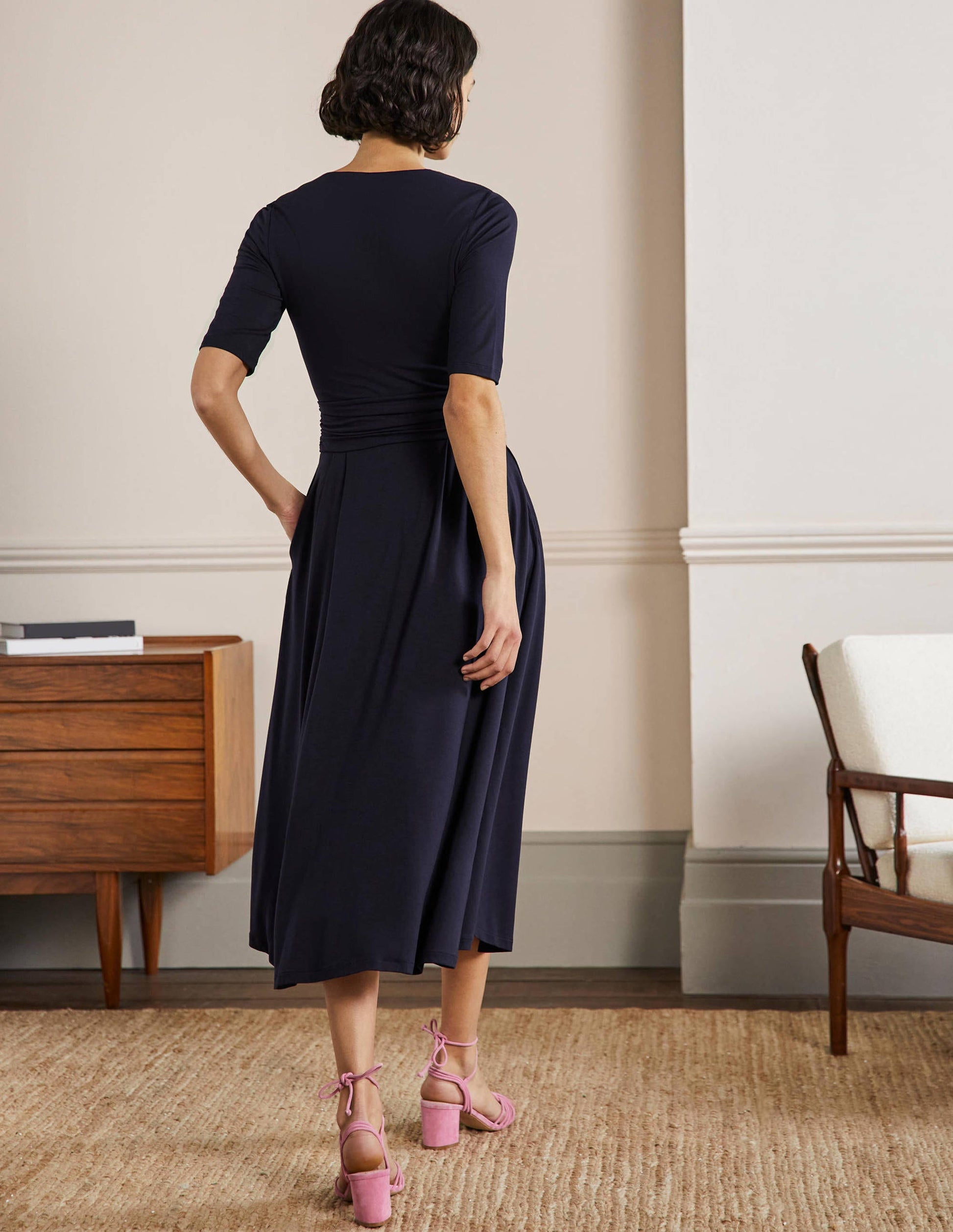 Ruched Waist Jersey Midi Dress-Navy-3