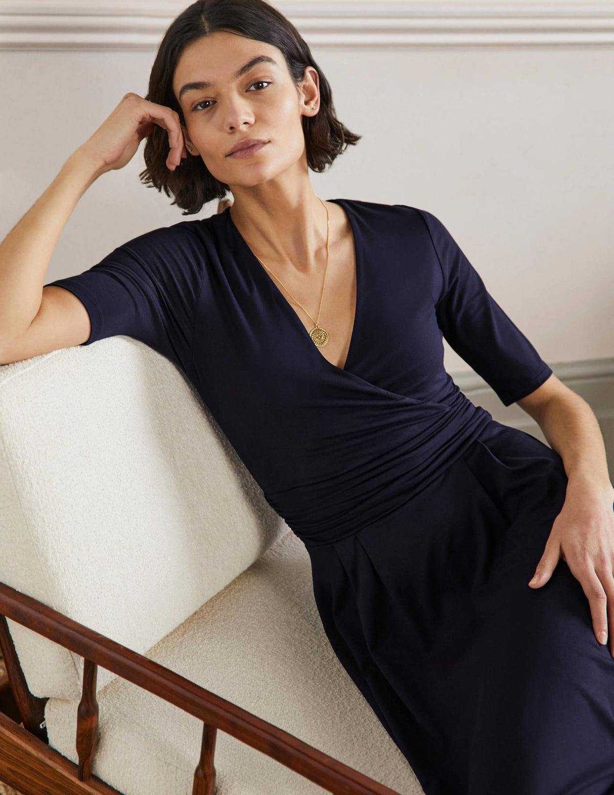 Ruched Waist Jersey Midi Dress-Navy - Image 4