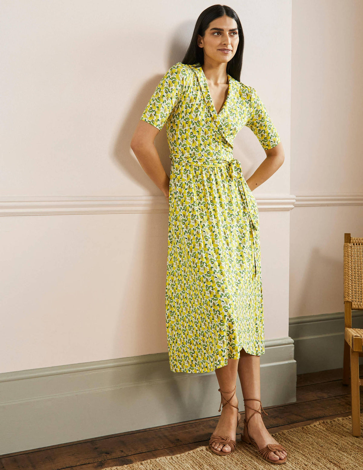 Lavinia Jersey Wrap Dress-Ivory, Lemon Vine - Image 1