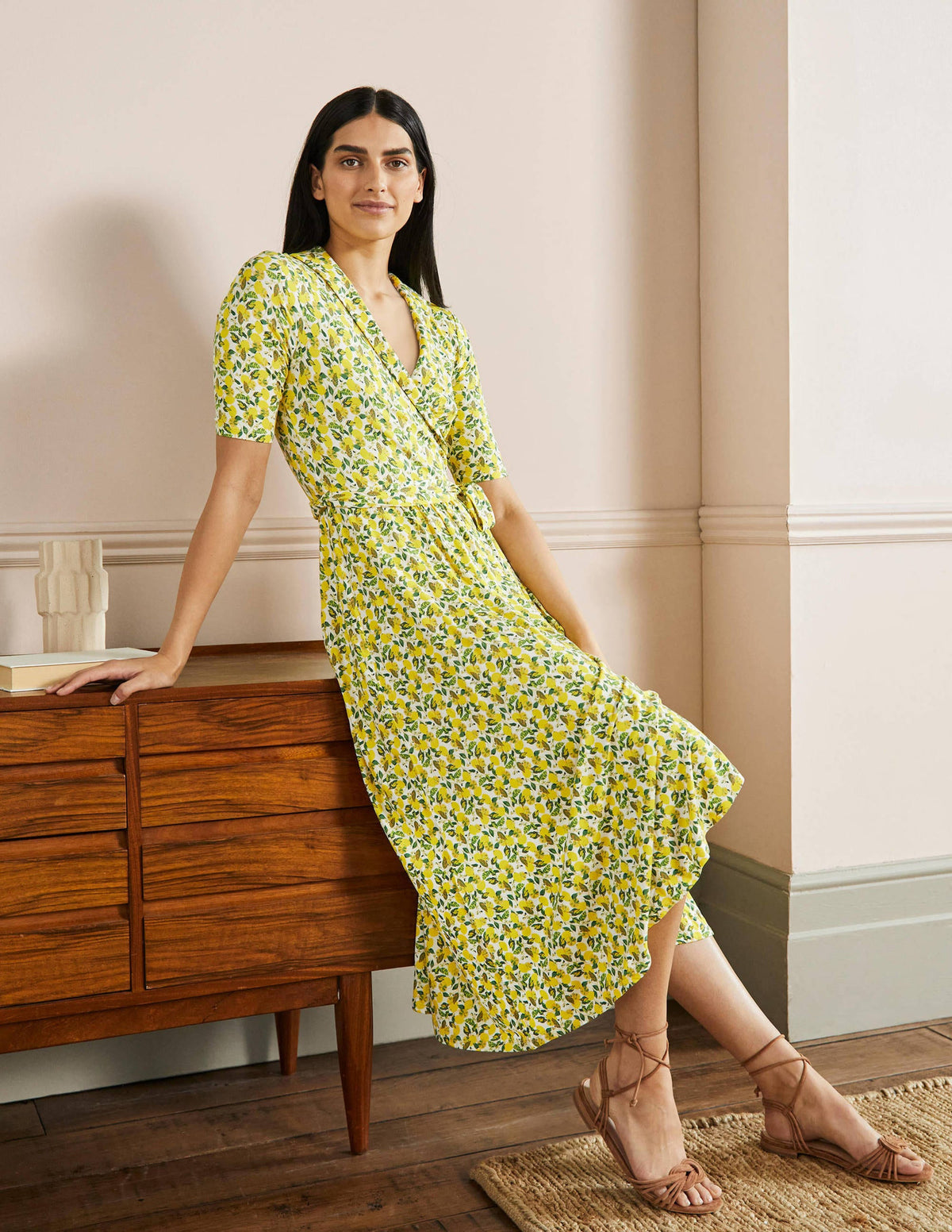 Lavinia Jersey Wrap Dress-Ivory, Lemon Vine-4