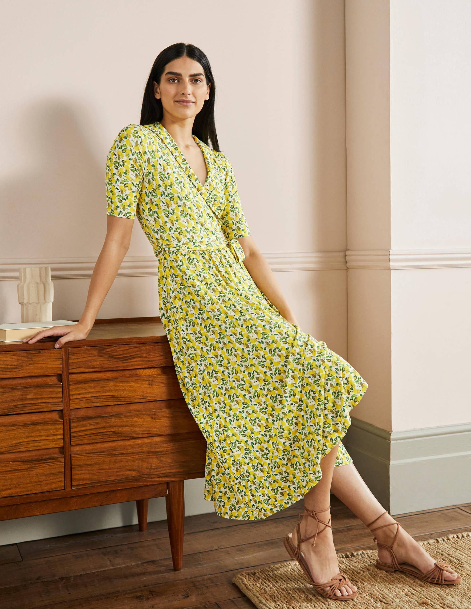 Lavinia Jersey Wrap Dress-Ivory, Lemon Vine - Image 4