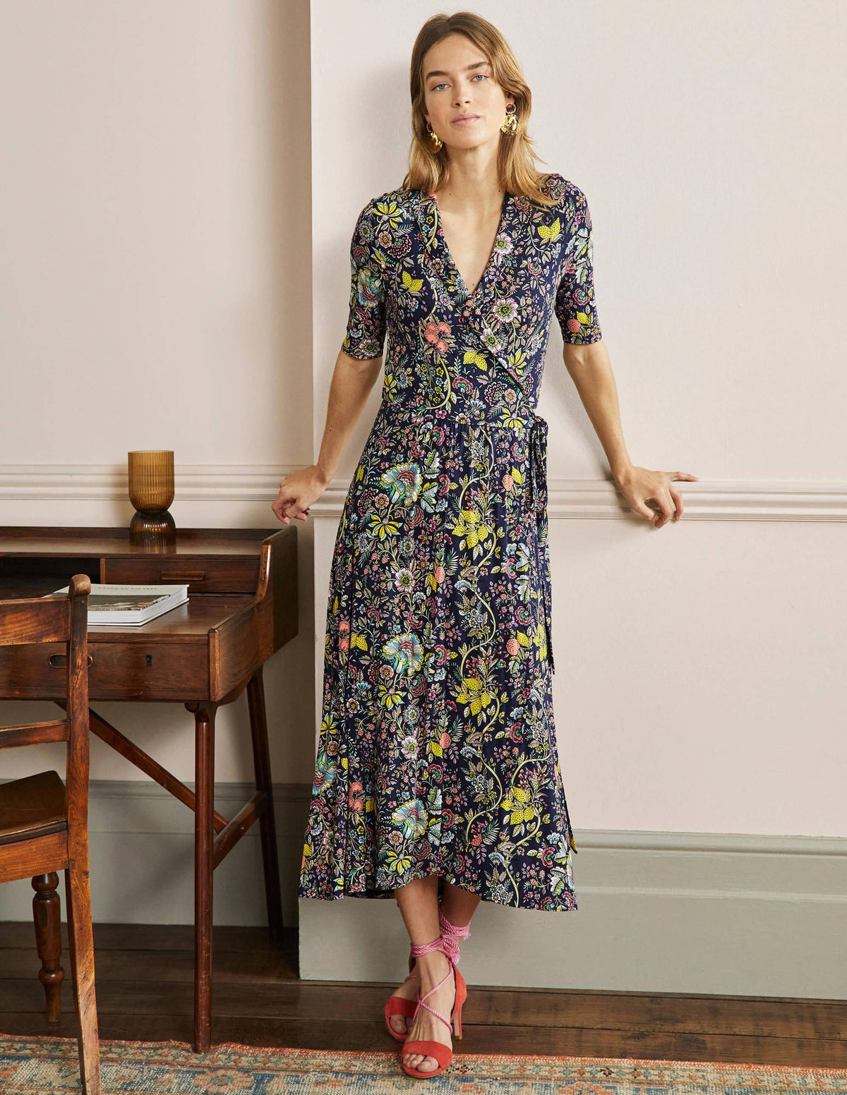 Lavinia Jersey Wrap Dress-Navy, Tropic Meadow-1
