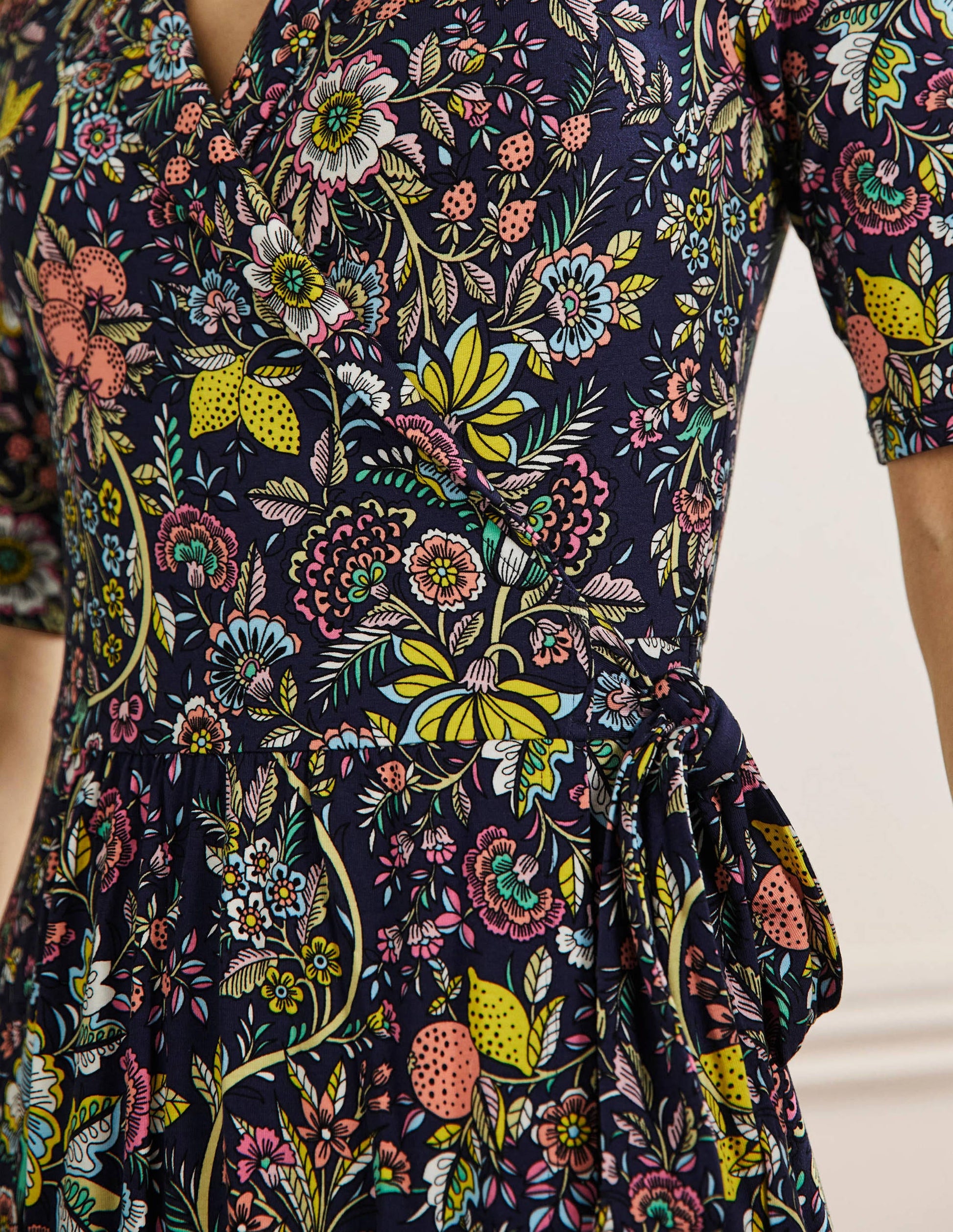Lavinia Jersey Wrap Dress-Navy, Tropic Meadow-2