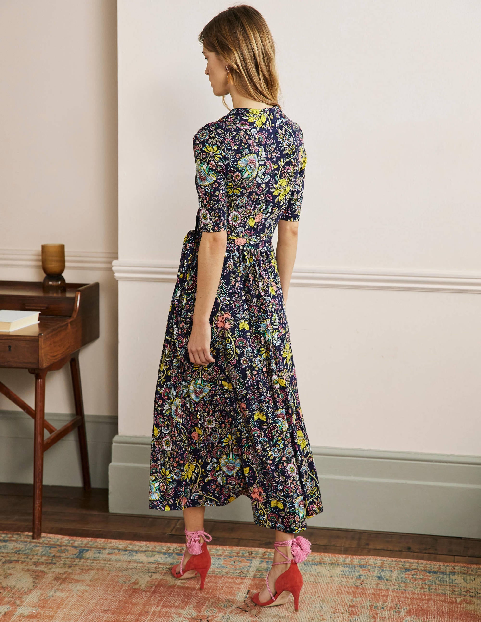Lavinia Jersey Wrap Dress-Navy, Tropic Meadow - Image 3