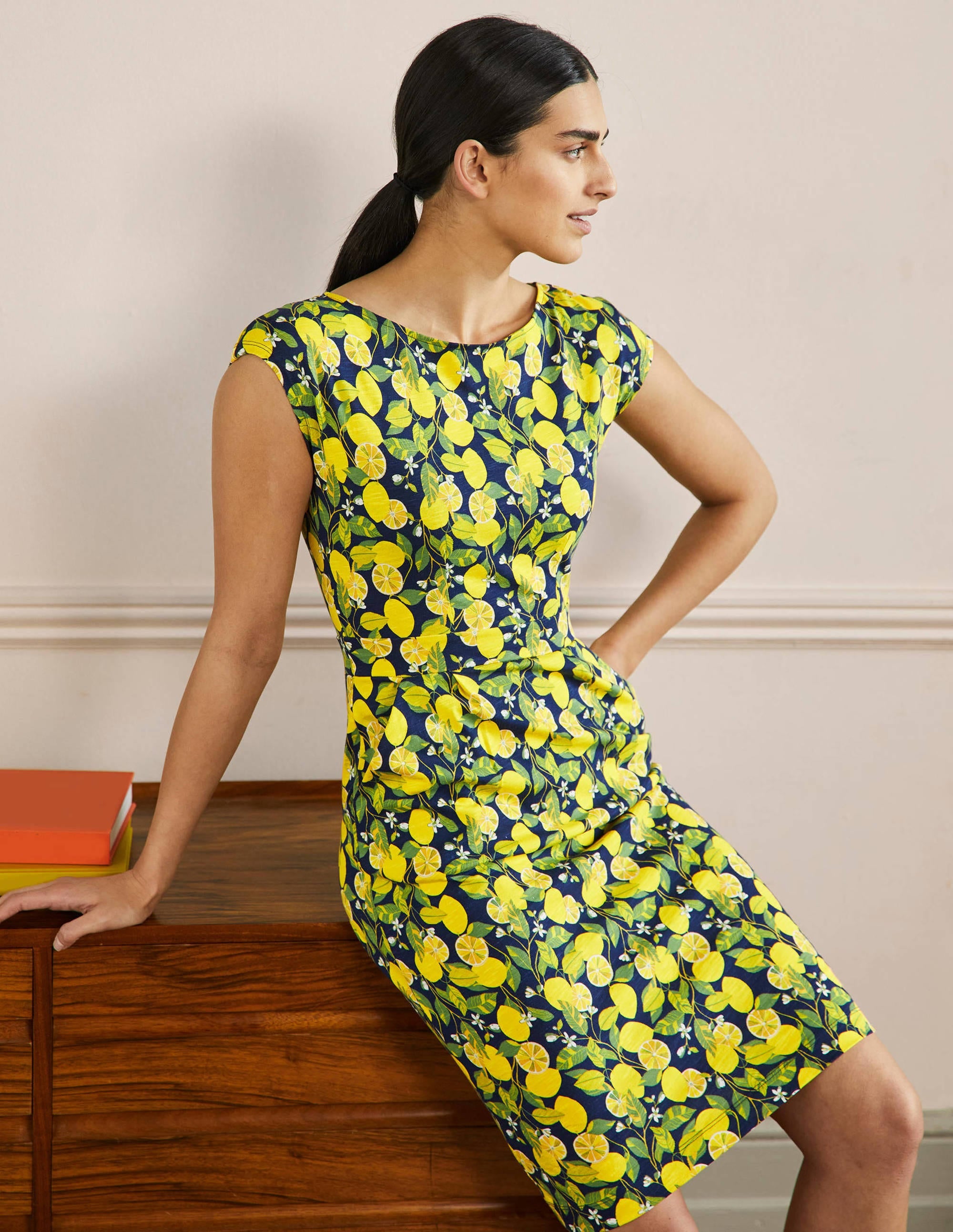 Florrie Jersey Dress-French Navy, Lemon Vine - Image 1