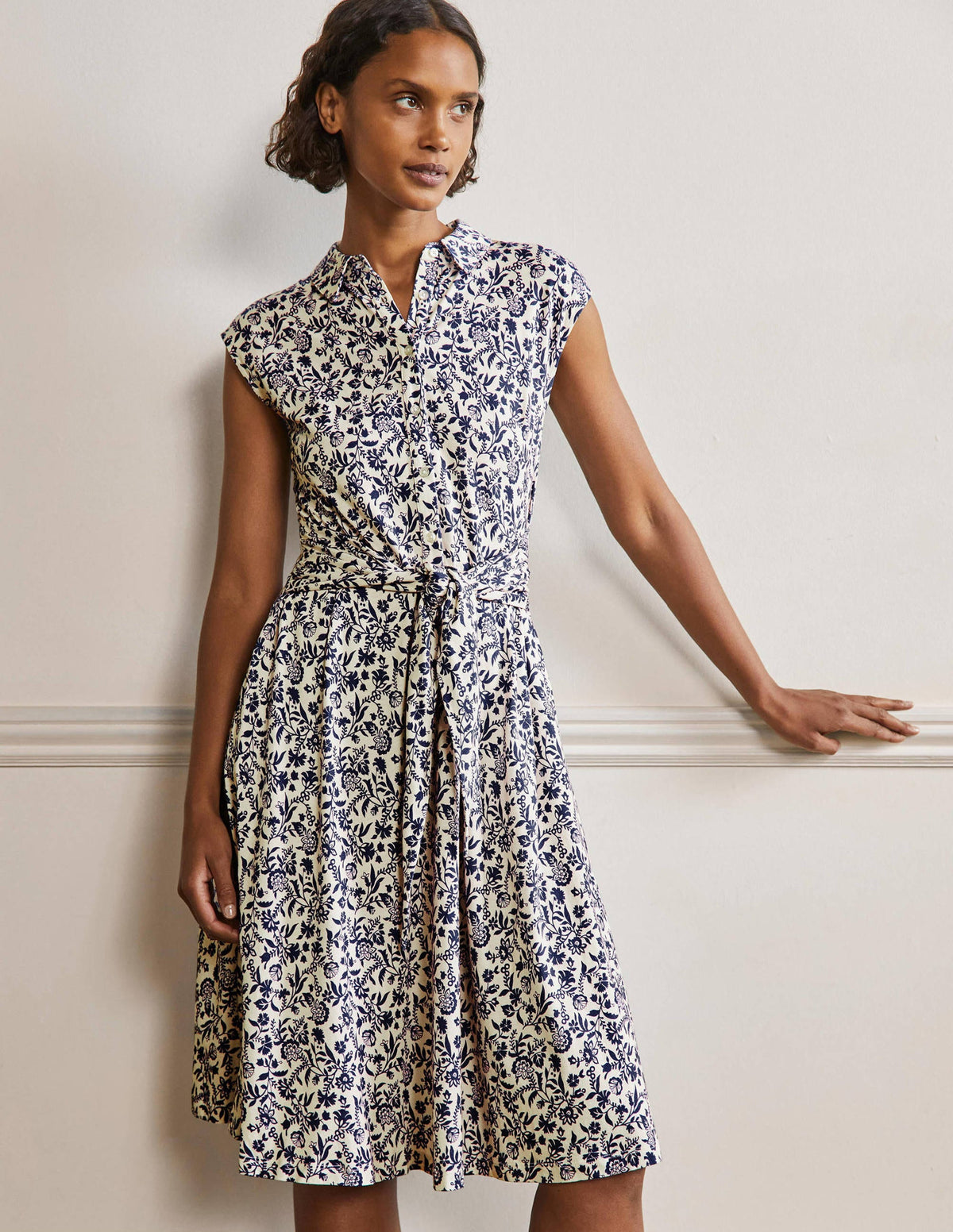 Tie Waist Jersey Shirt Dress-French Navy, Flora Charm - Image 1