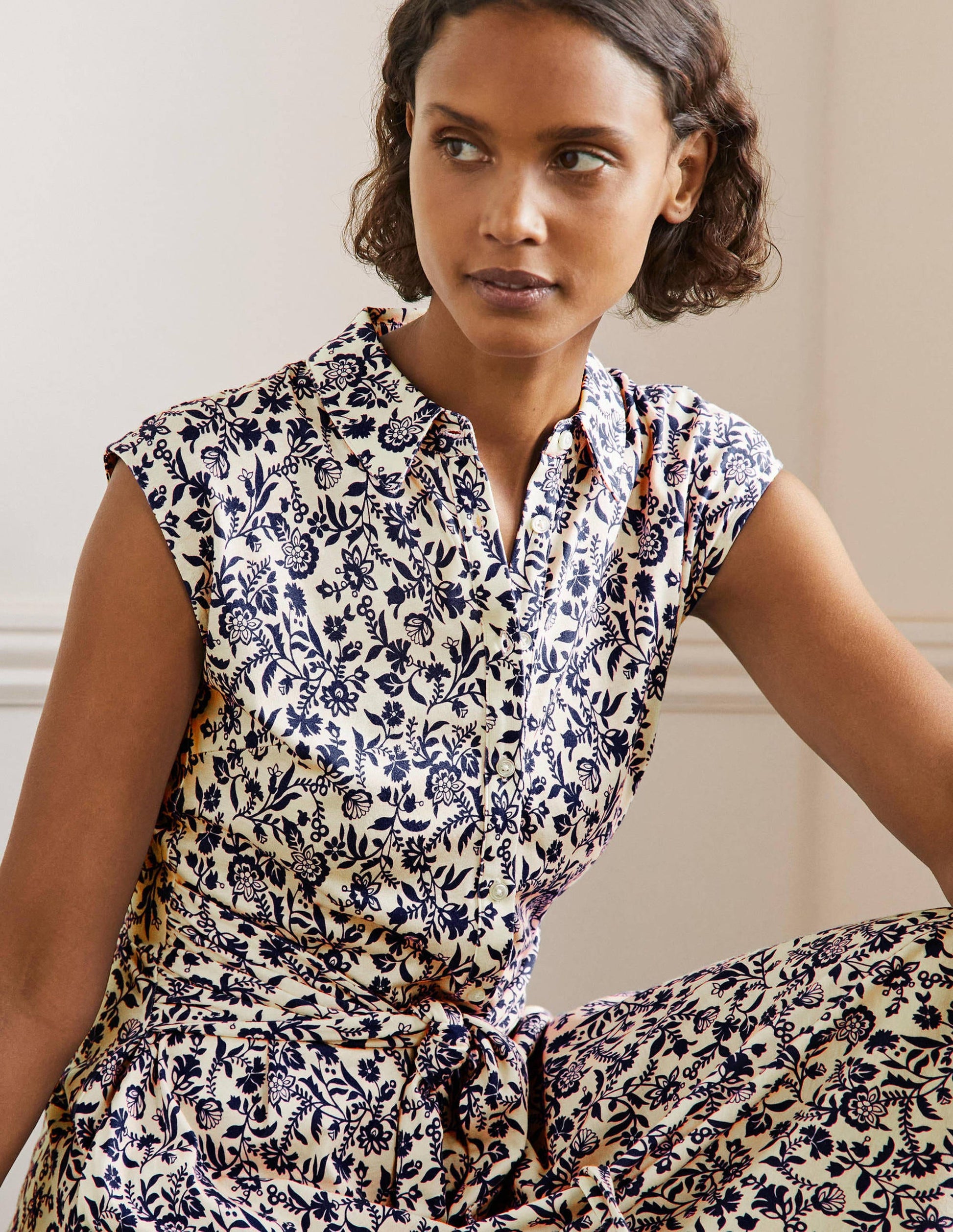 Tie Waist Jersey Shirt Dress-French Navy, Flora Charm-5
