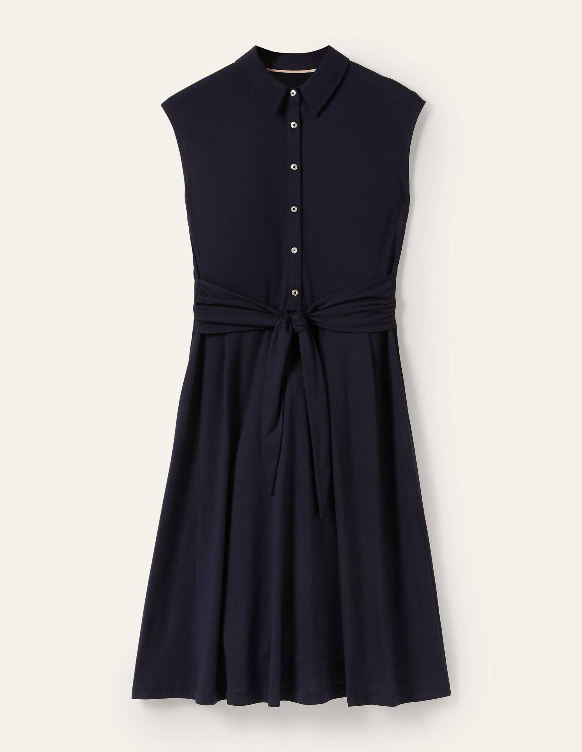 Tie Waist Jersey Shirt Dress-Navy-6