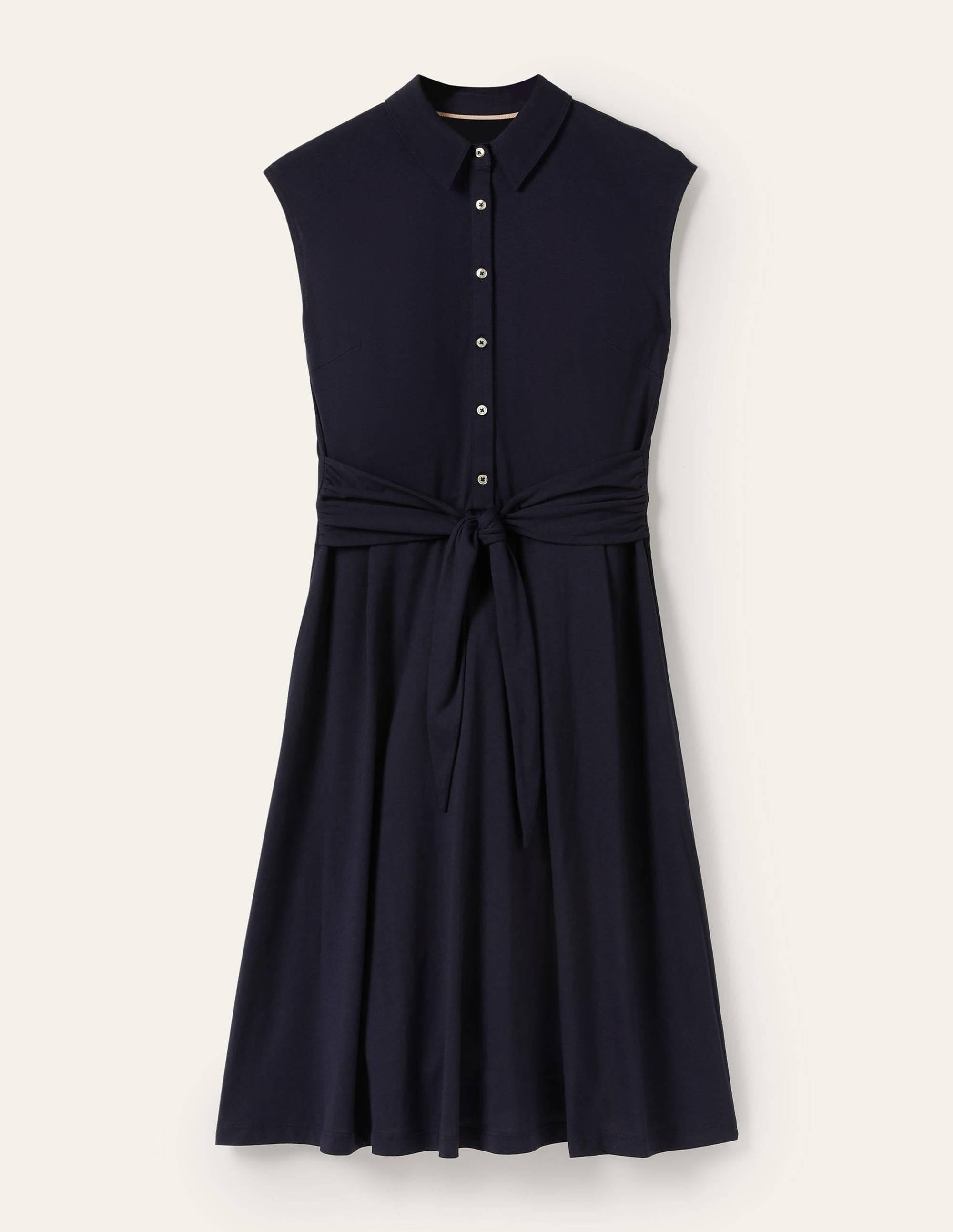 Tie Waist Jersey Shirt Dress-Navy - Image 6