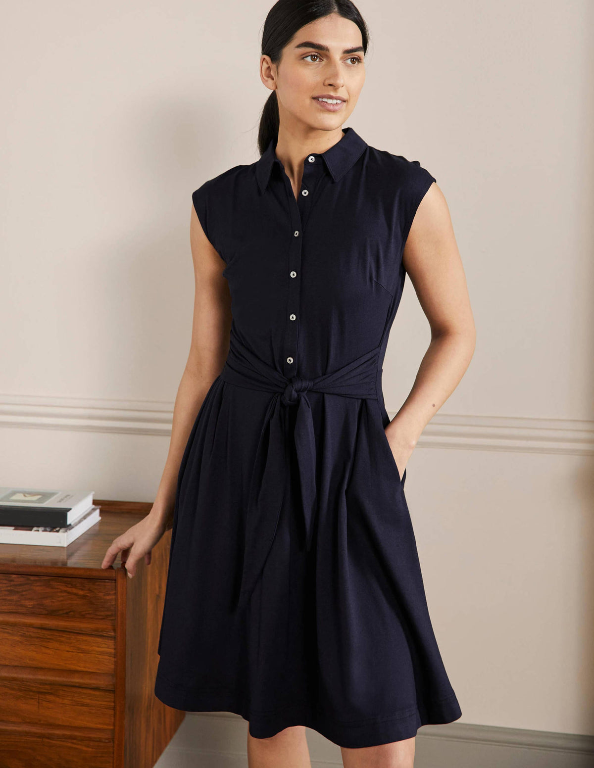 Tie Waist Jersey Shirt Dress-Navy-1