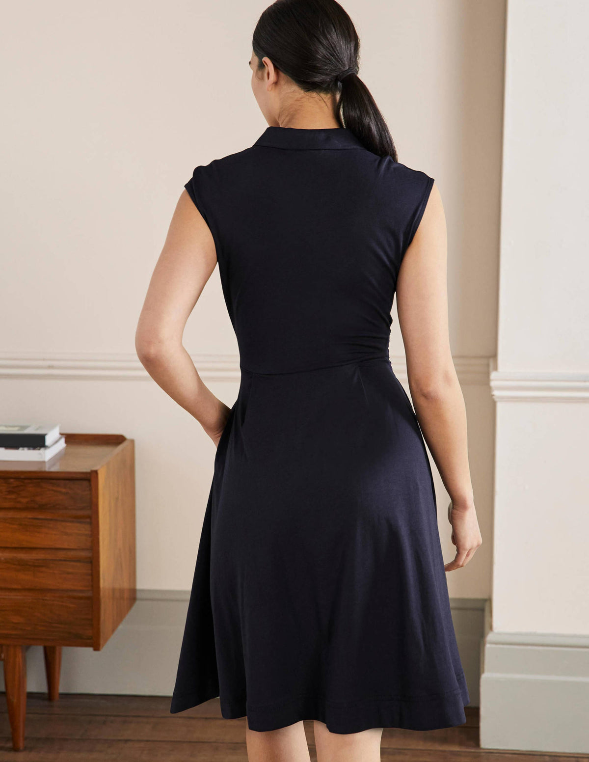 Tie Waist Jersey Shirt Dress-Navy-3