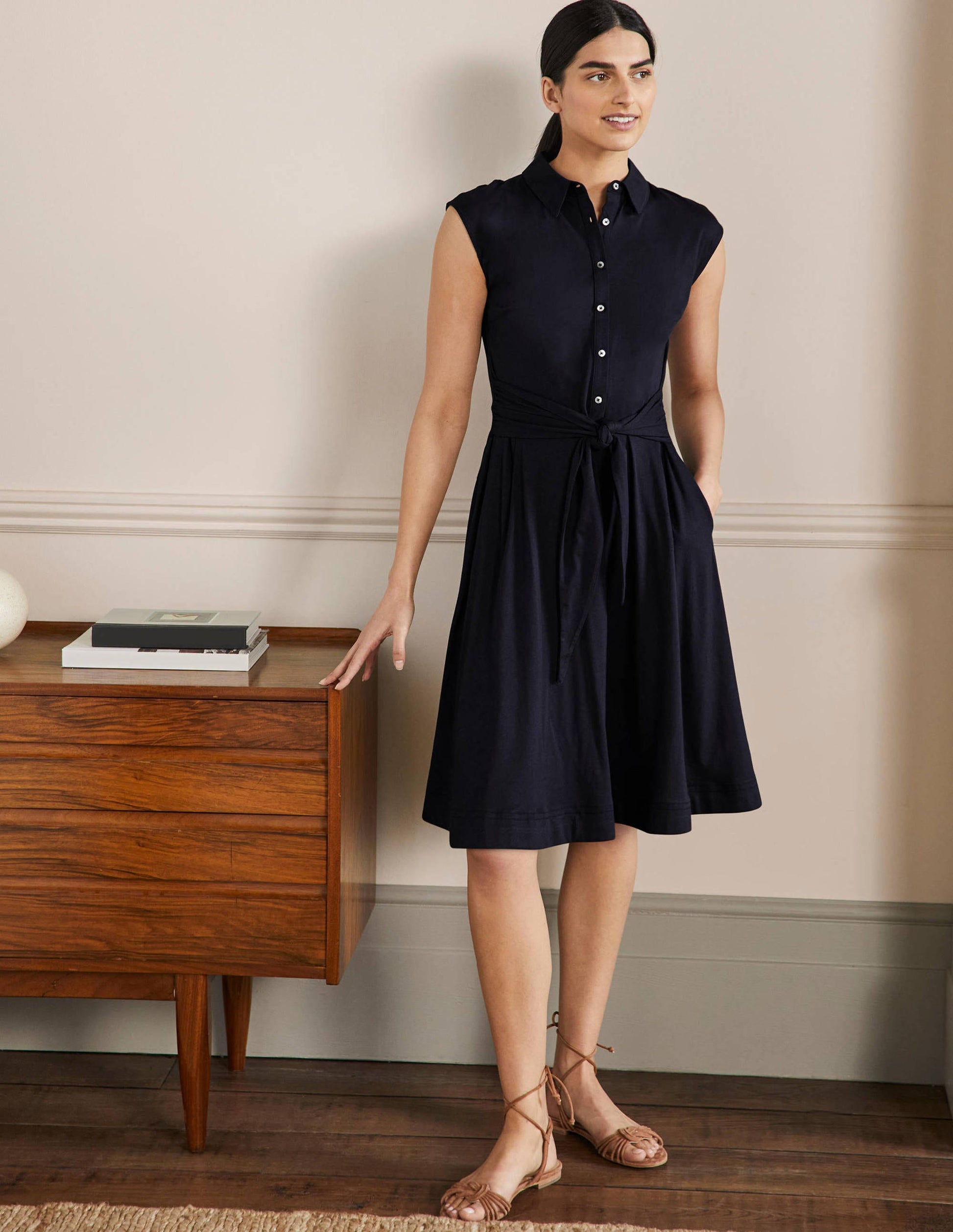 Tie Waist Jersey Shirt Dress-Navy-4