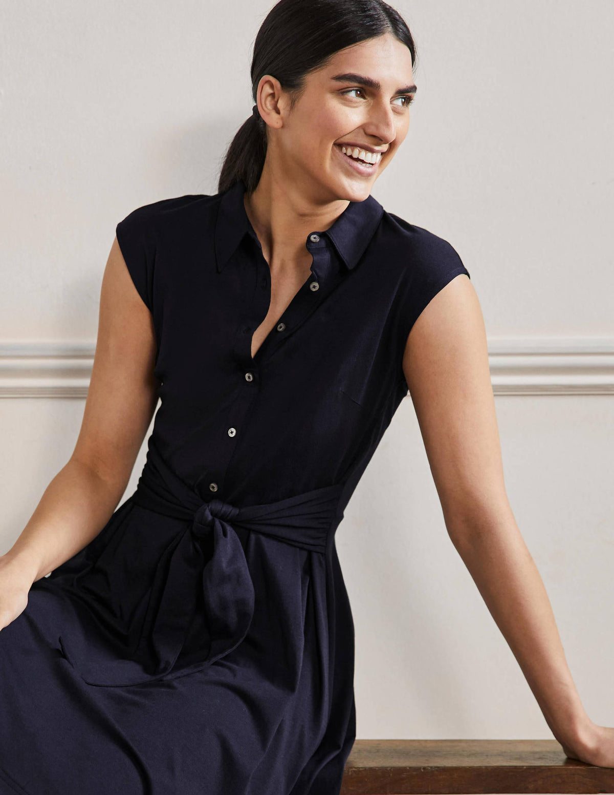 Tie Waist Jersey Shirt Dress-Navy-5