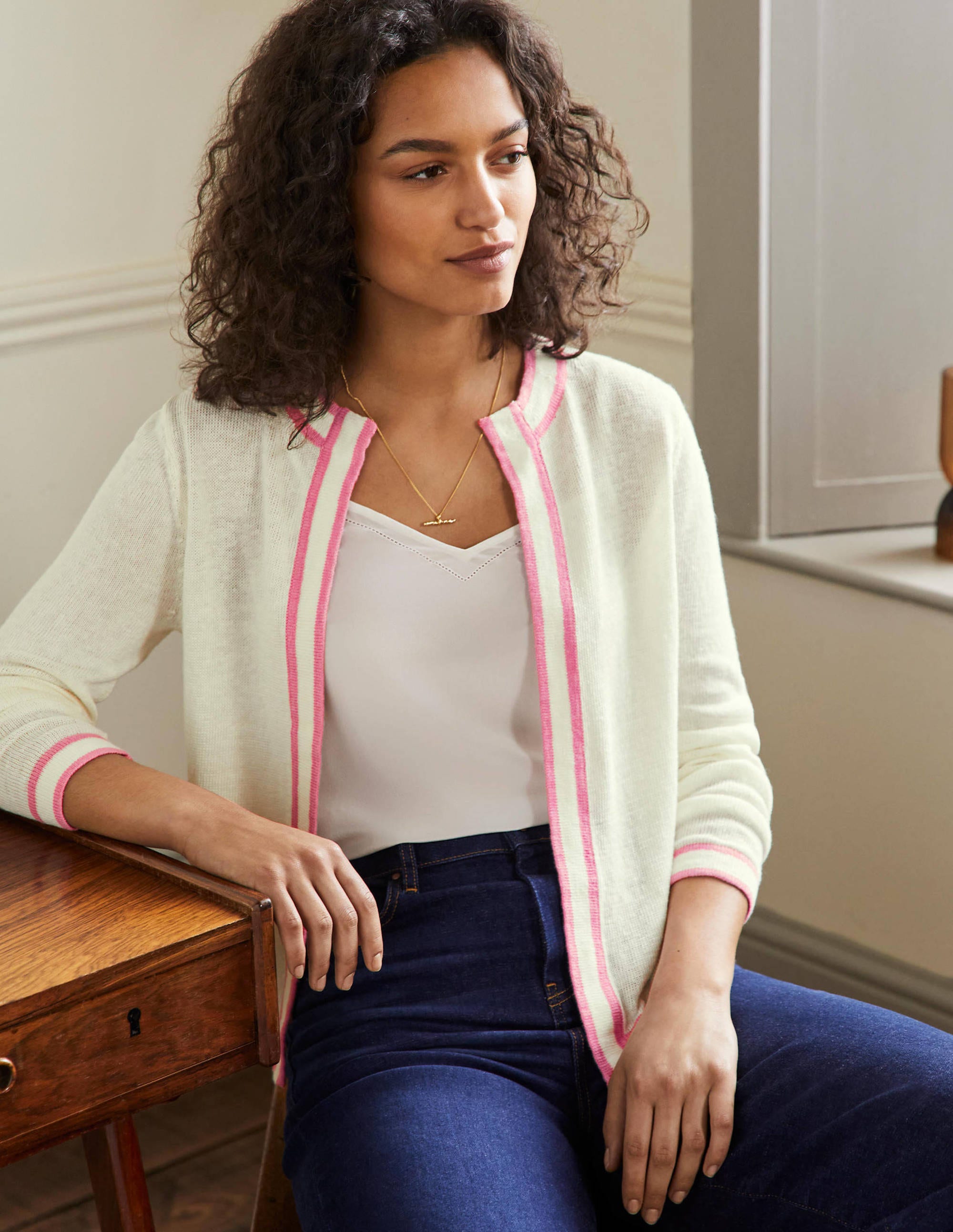 Stripe Trim Linen Cardigan-Ivory - Image 1