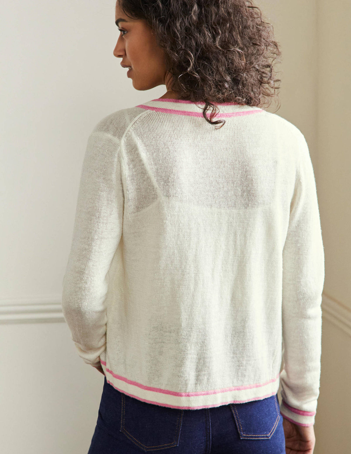 Stripe Trim Linen Cardigan-Ivory - Image 3