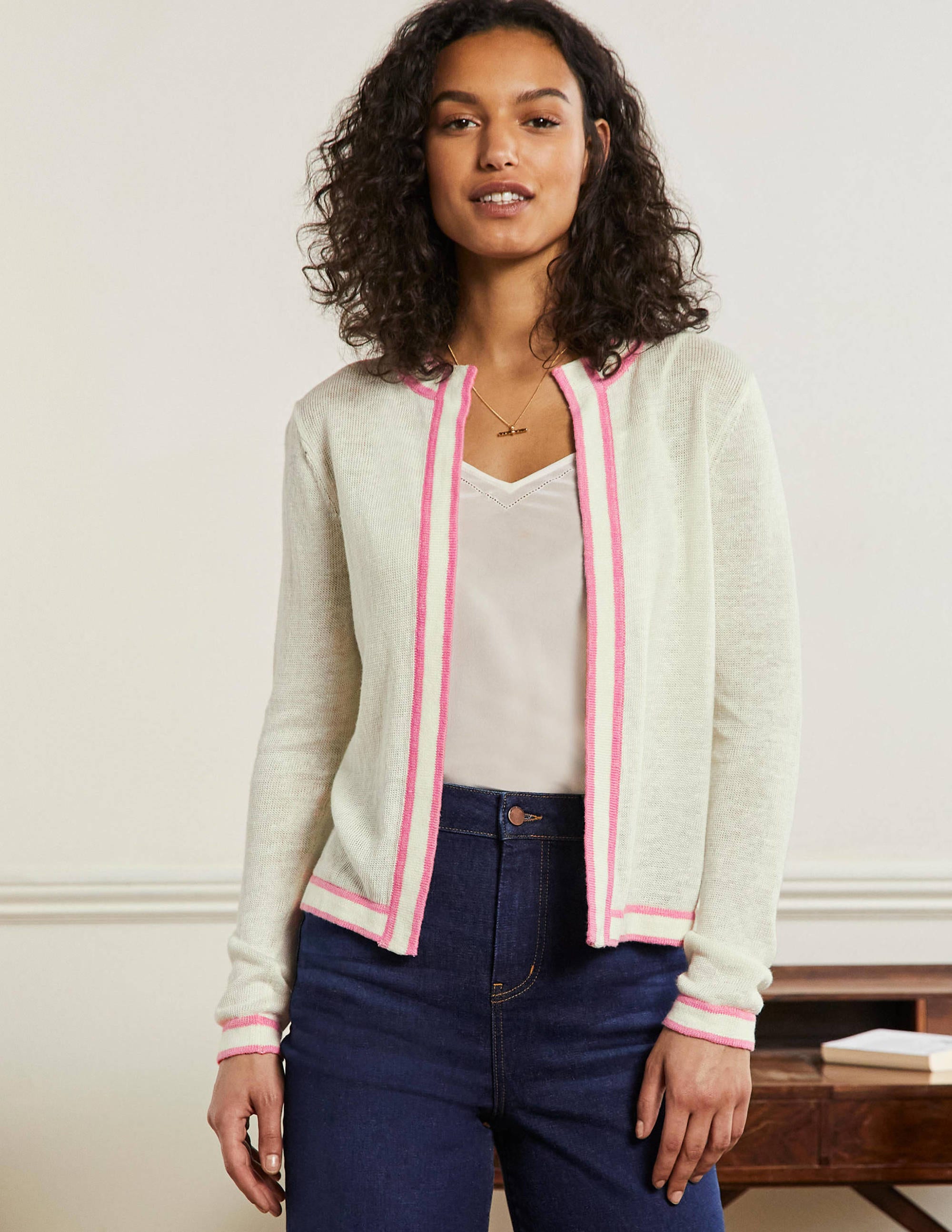 Stripe Trim Linen Cardigan-Ivory - Image 4