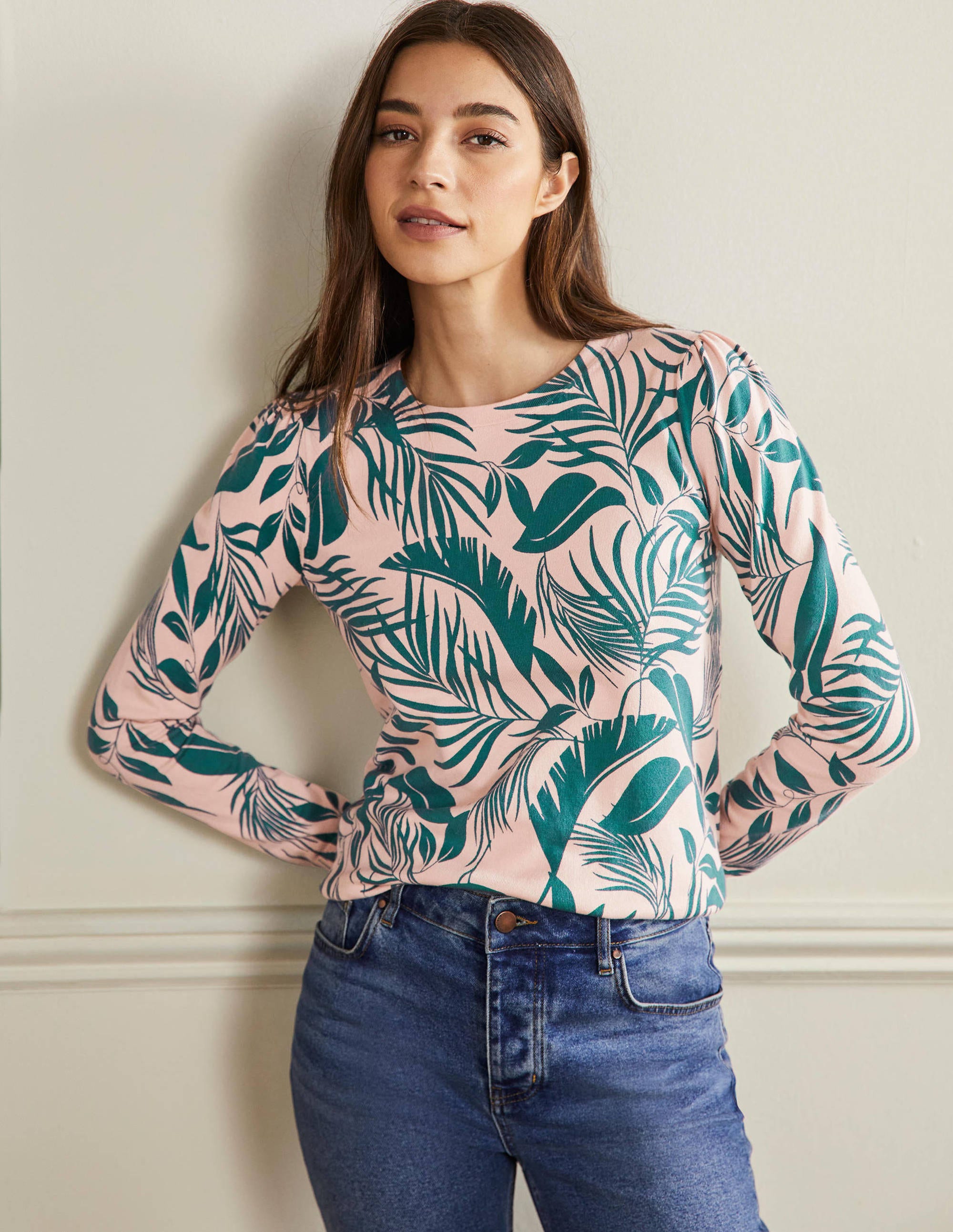 Cotton Crew Neck Jumper-Milkshake, Tropic Foliage - Image 1