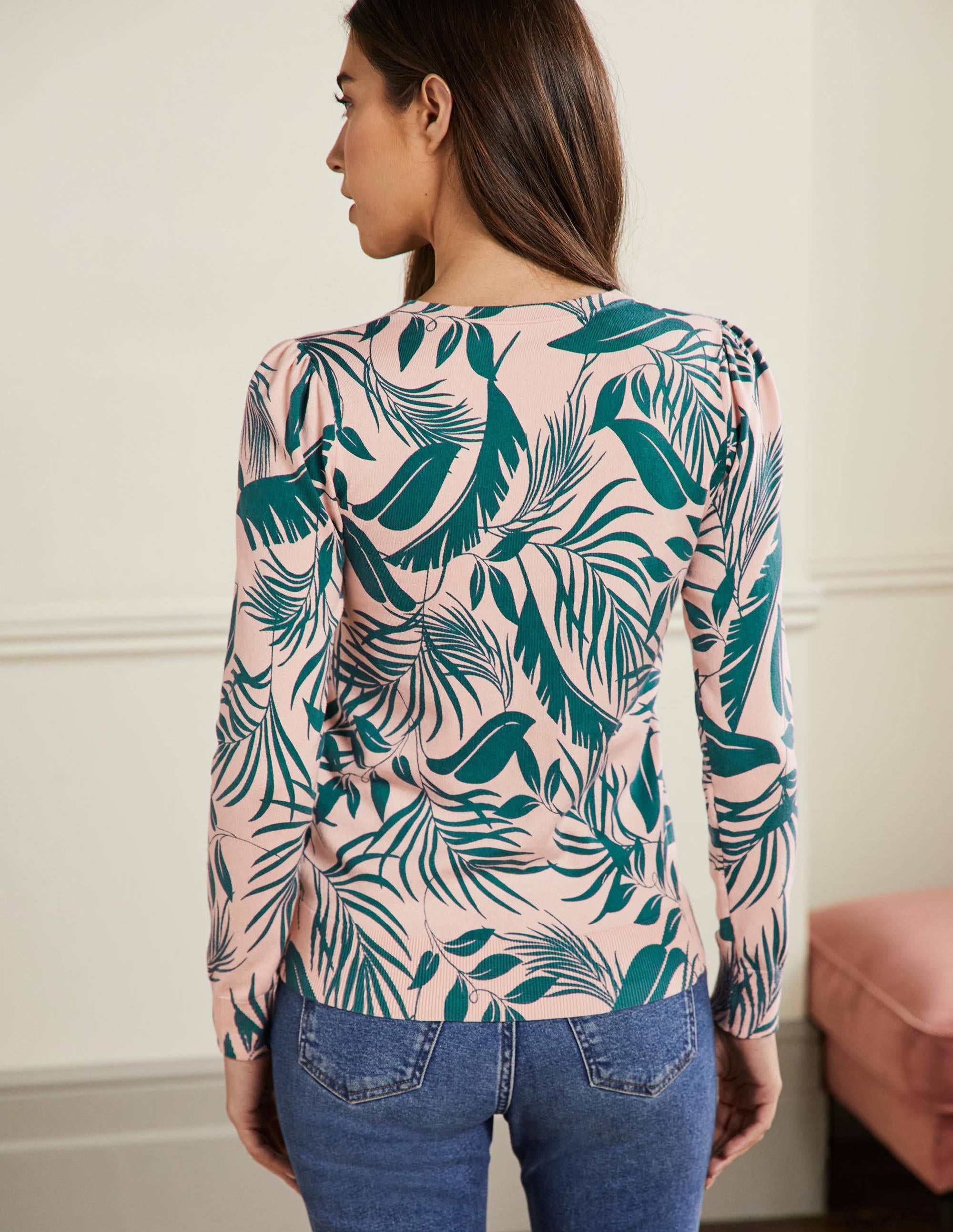 Cotton Crew Neck Jumper-Milkshake, Tropic Foliage - Image 3
