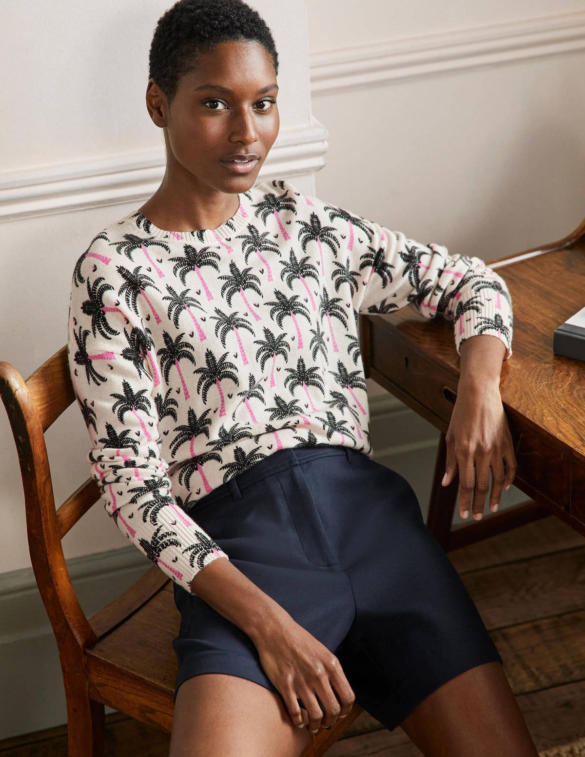 Margot Cashmere Jumper-Ivory, Paradise Palm-1