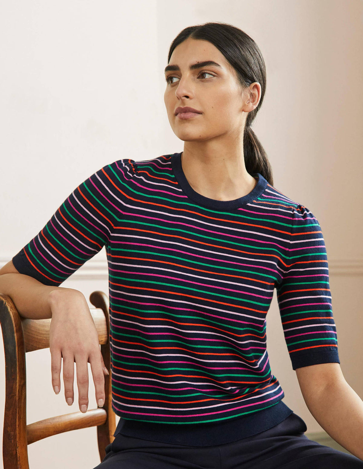 Cotton Crew Knitted Top-Navy, Multi Stripe - Image 1