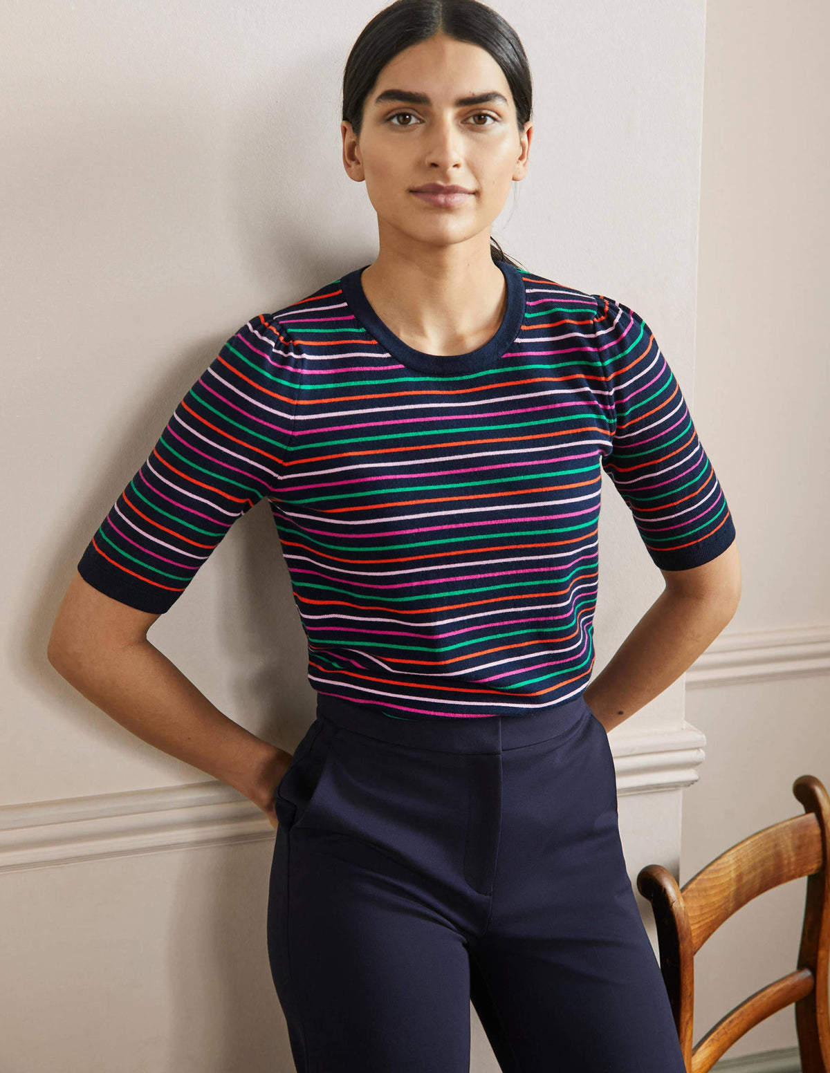 Cotton Crew Knitted Top-Navy, Multi Stripe - Image 4
