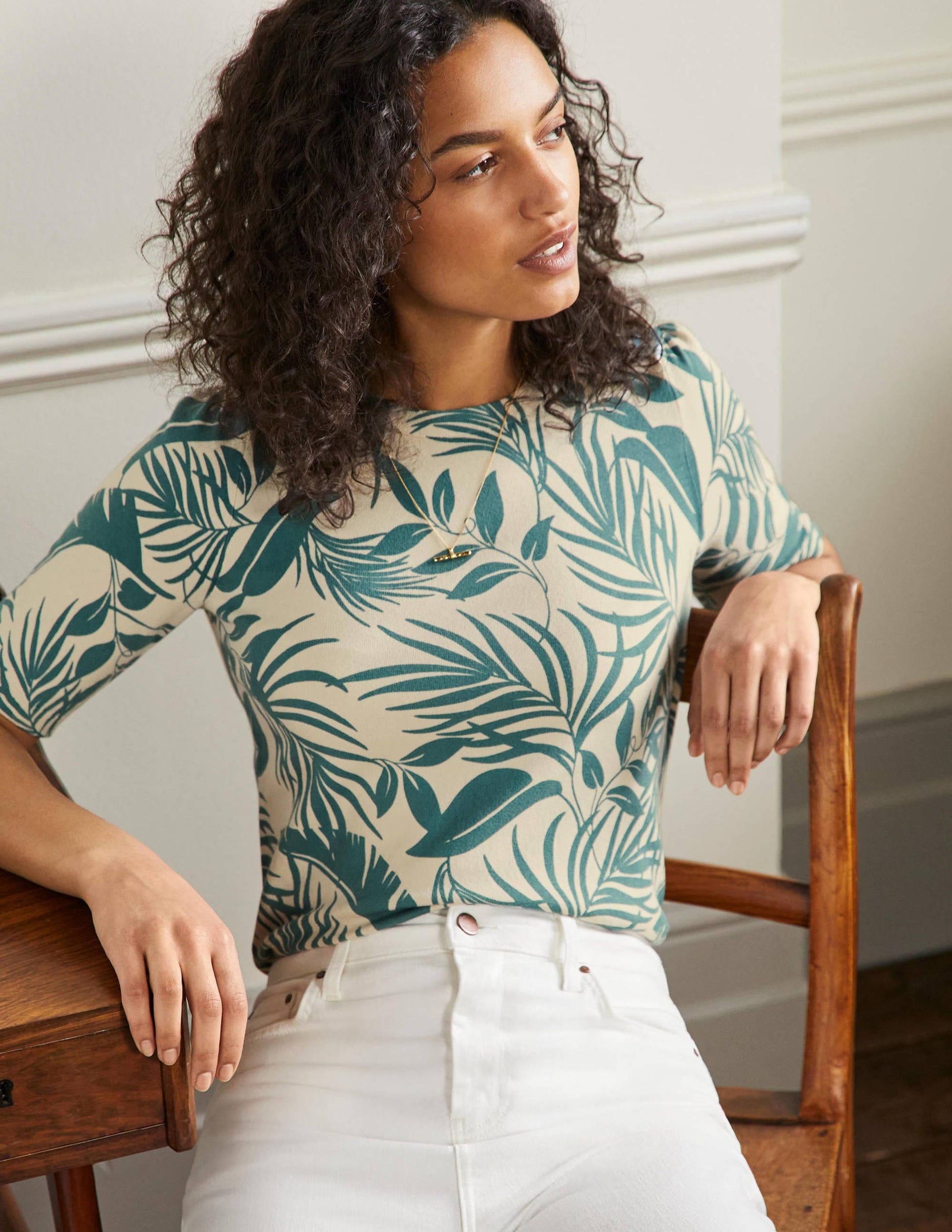 Cotton Crew Knitted Top-Milkshake, Tropic Foliage-1