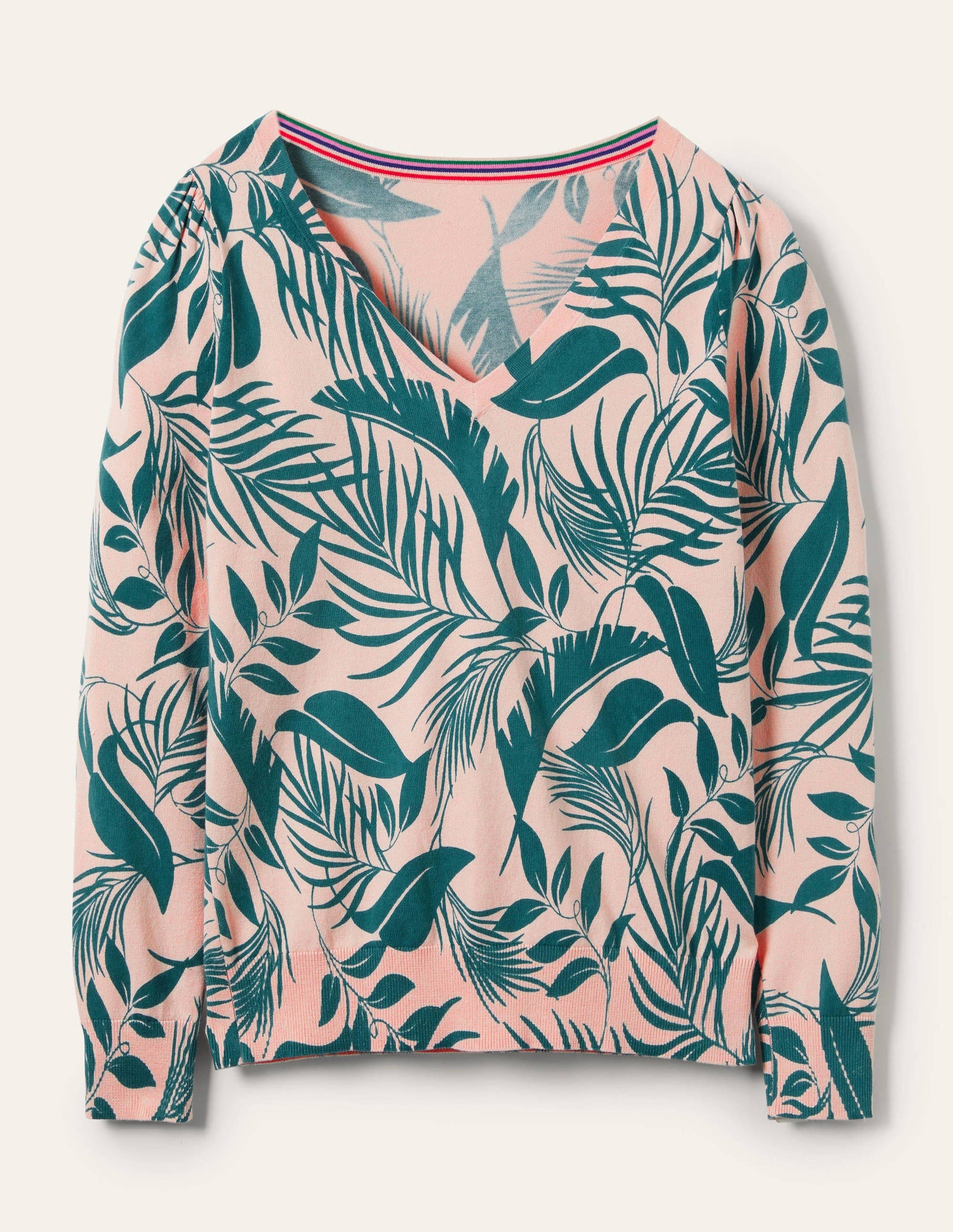 Cotton V-Neck Jumper-Milkshake, Tropic Foliage-5