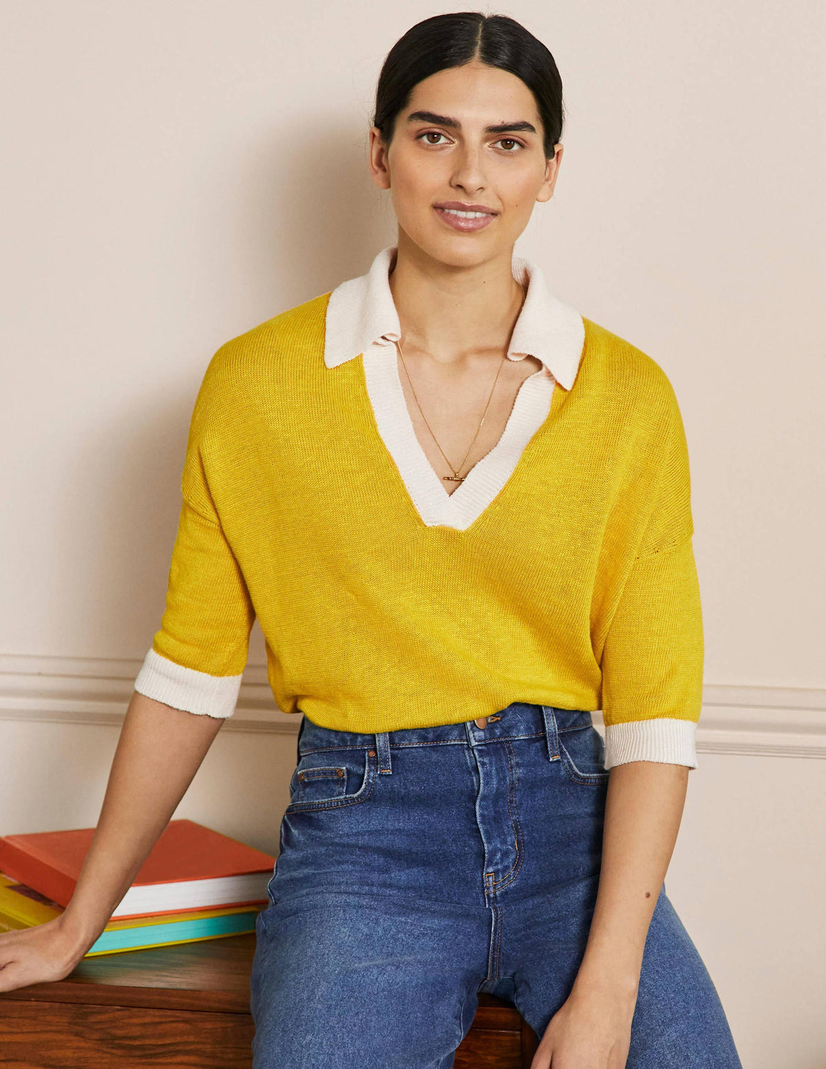 Linen Collared Jumper-Lemon Fizz, Ivory-1