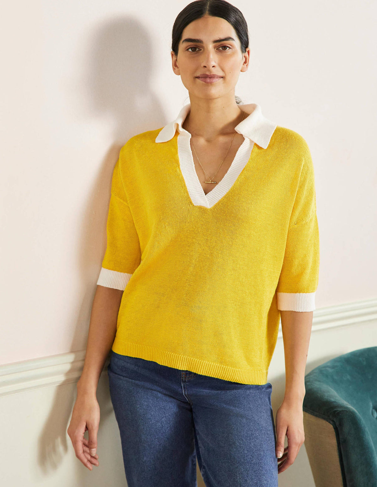 Linen Collared Jumper-Lemon Fizz, Ivory - Image 4