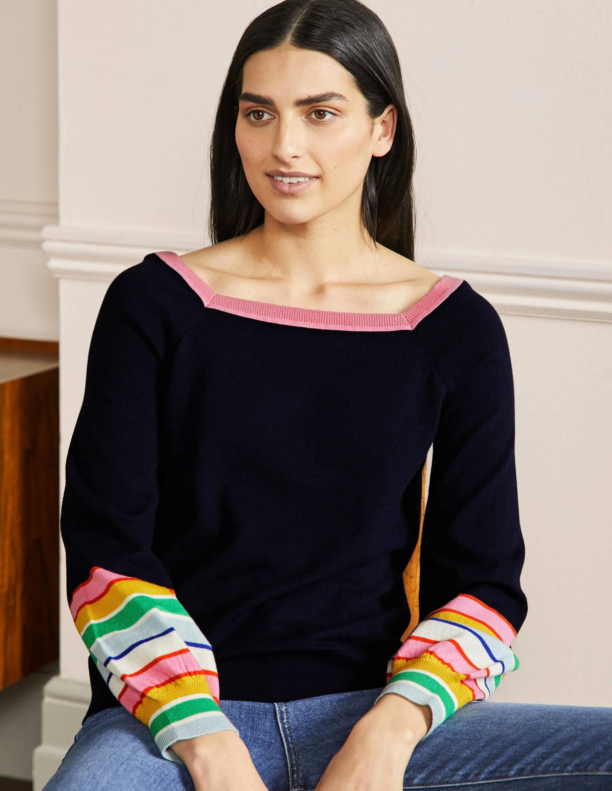 Striped Square Neck Jumper-Navy-1