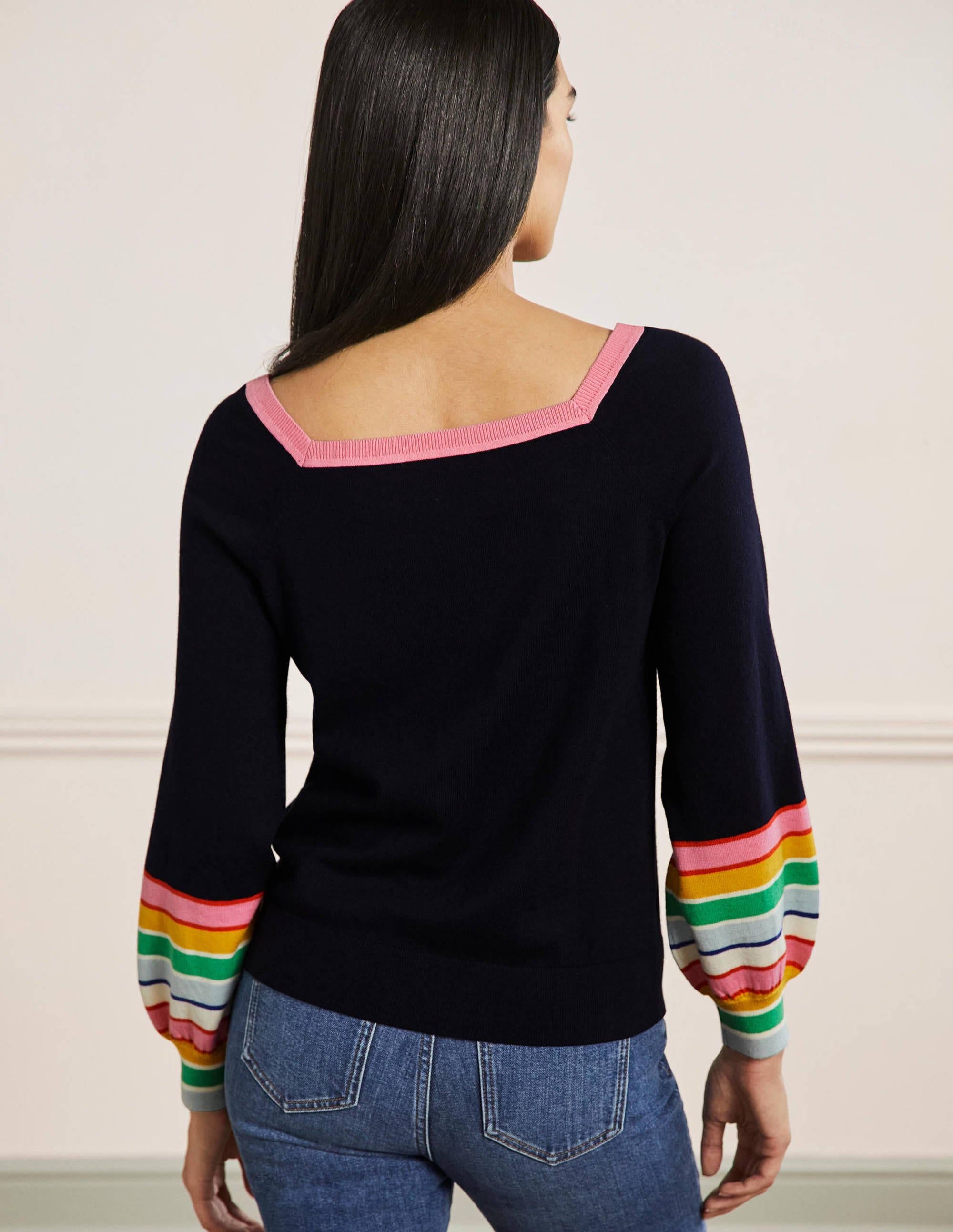 Striped Square Neck Jumper-Navy - Image 3