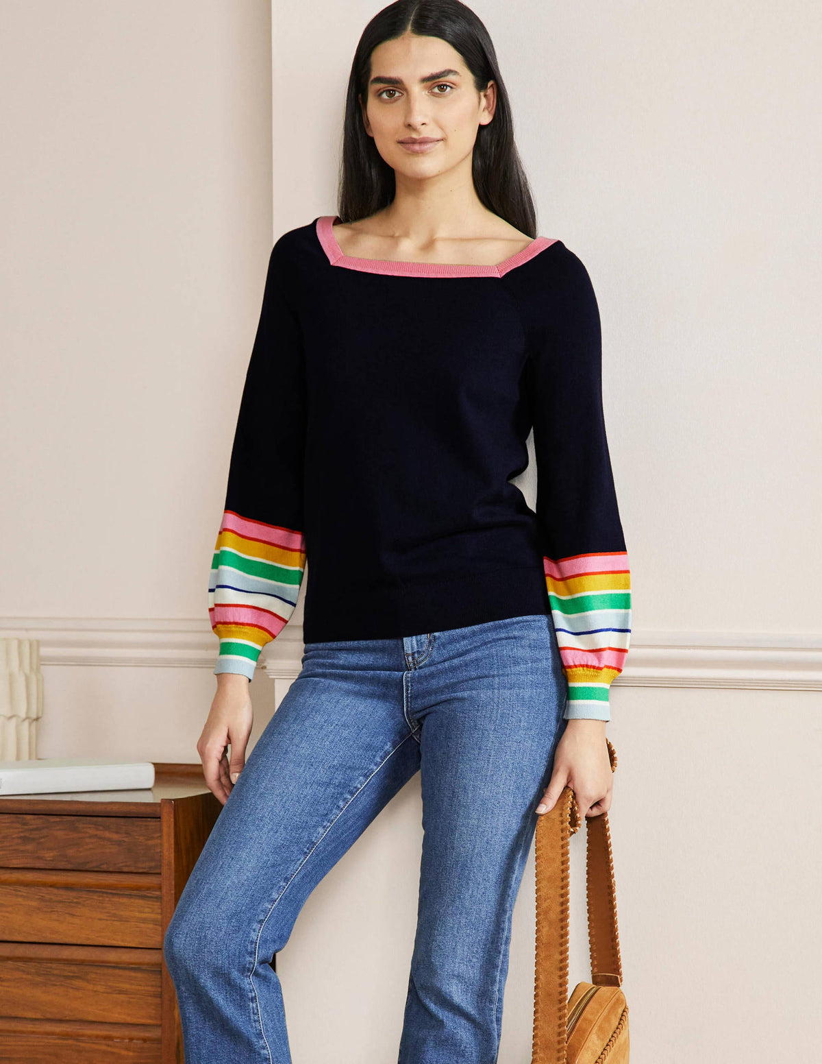 Striped Square Neck Jumper-Navy - Image 4