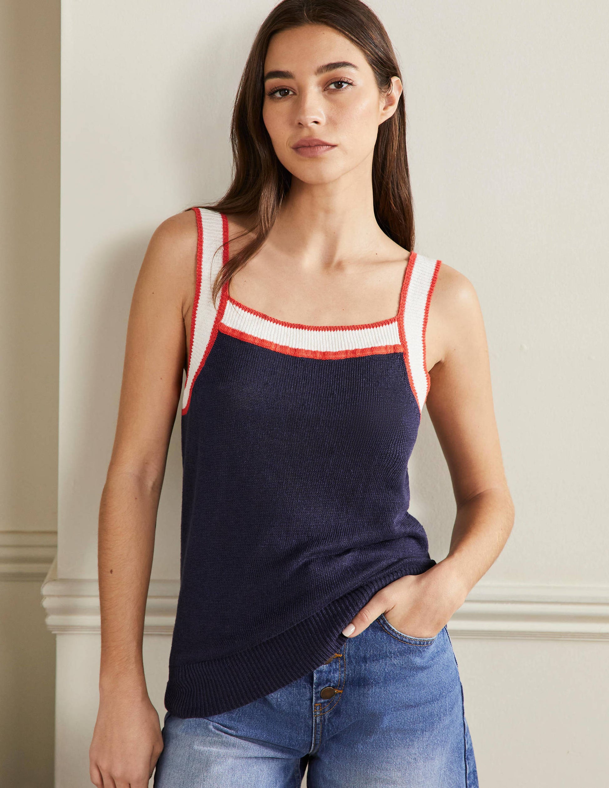 Square Neck Linen Vest-Navy-1