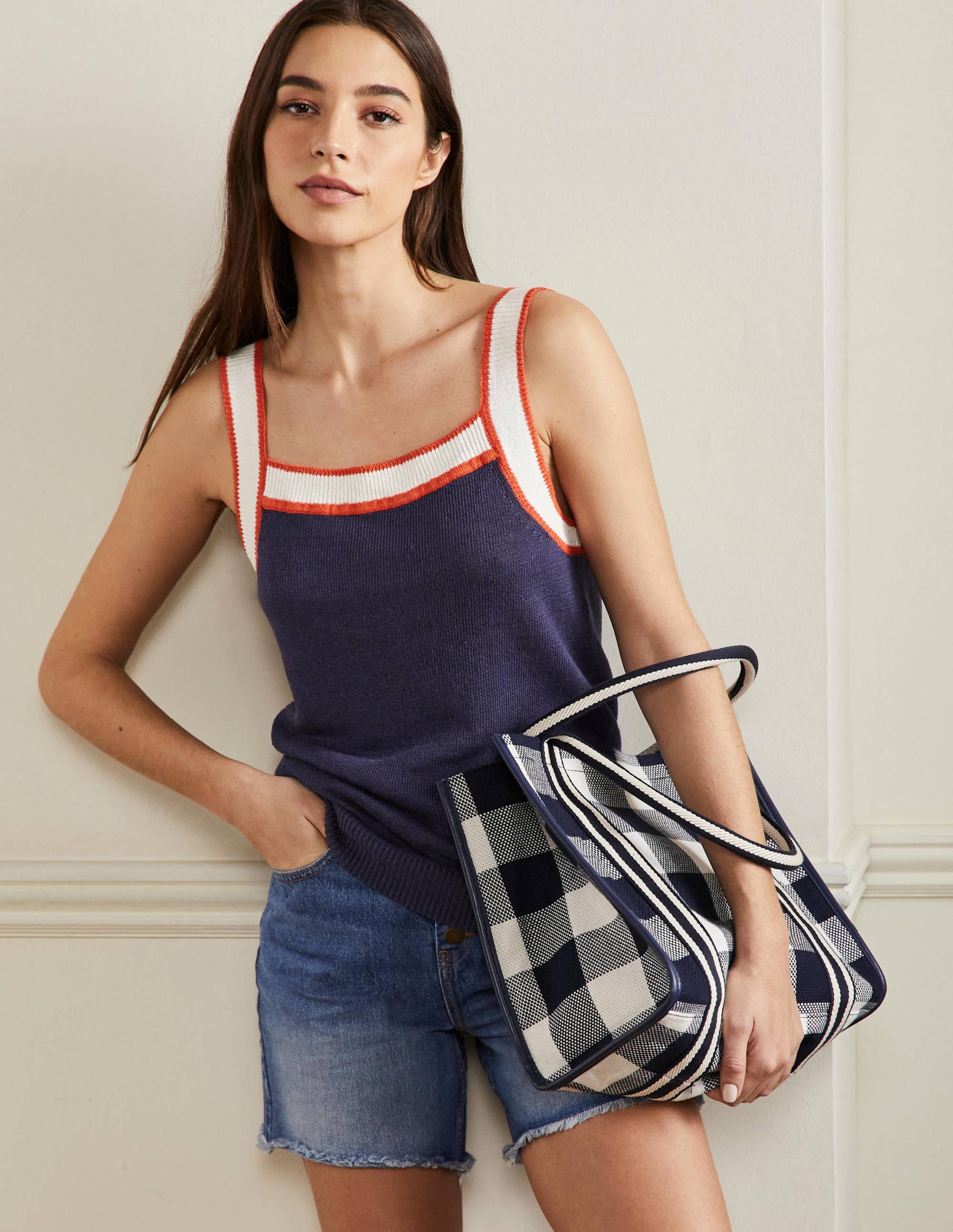 Square Neck Linen Vest-Navy-4