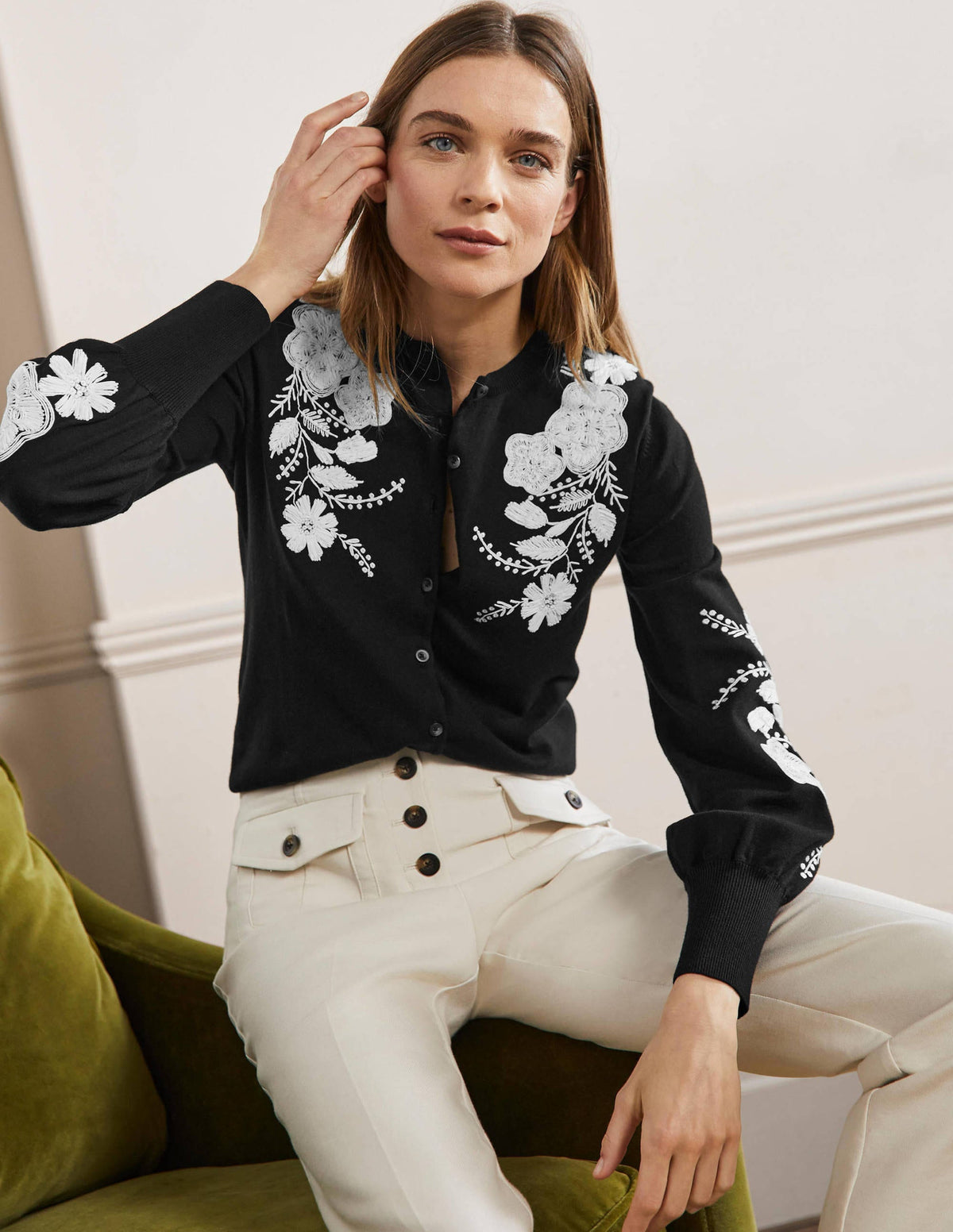 Embroidered Blouson Cardigan-Black-1