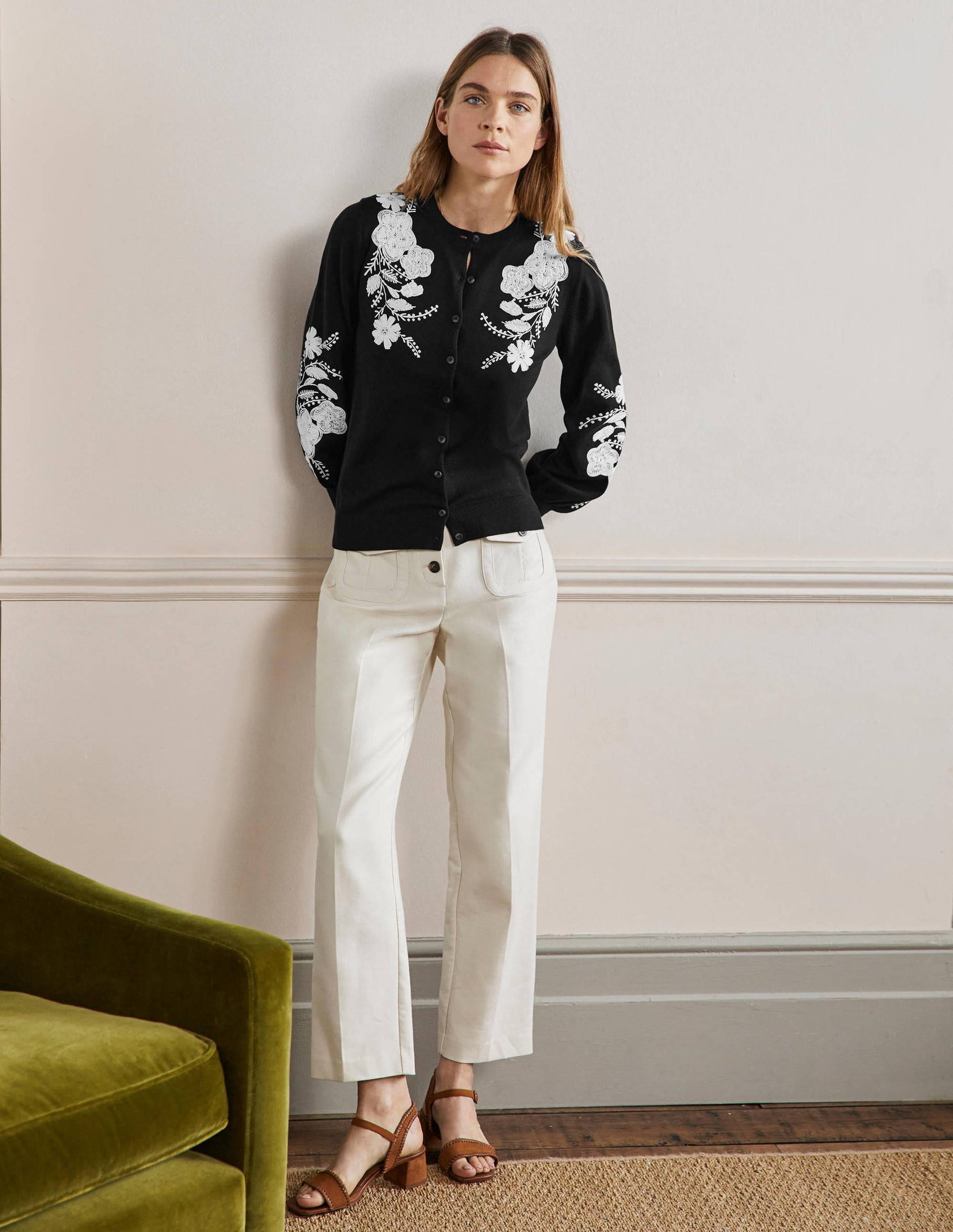 Embroidered Blouson Cardigan-Black-4