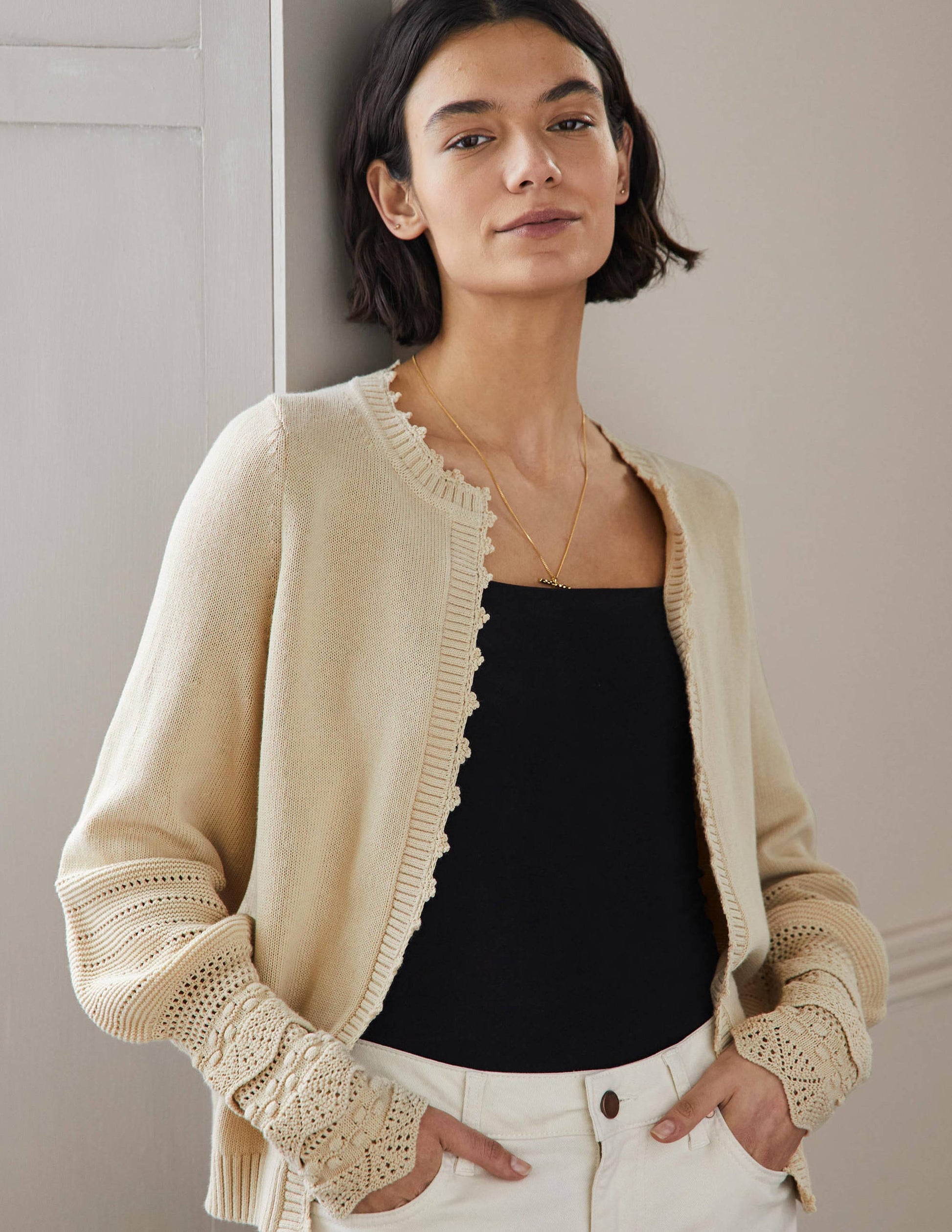 Sleeve Detail Knitted Cardigan-Oatmeal-1
