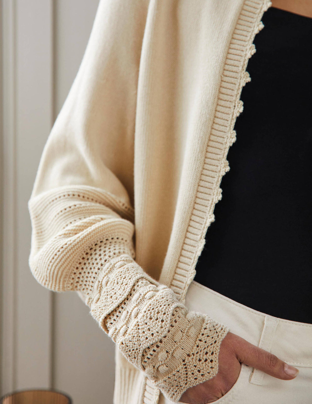 Sleeve Detail Knitted Cardigan-Oatmeal - Image 2