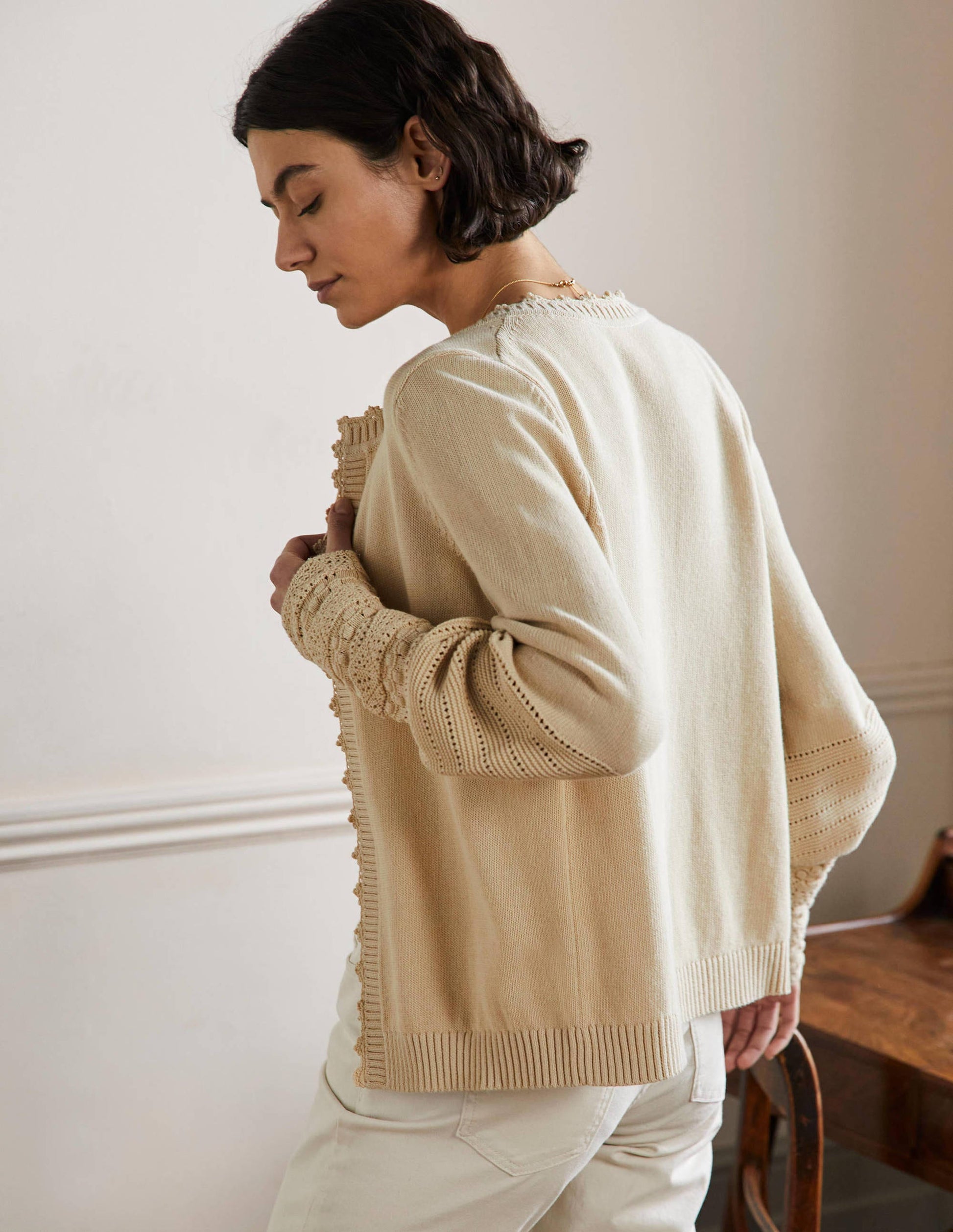 Sleeve Detail Knitted Cardigan-Oatmeal-3