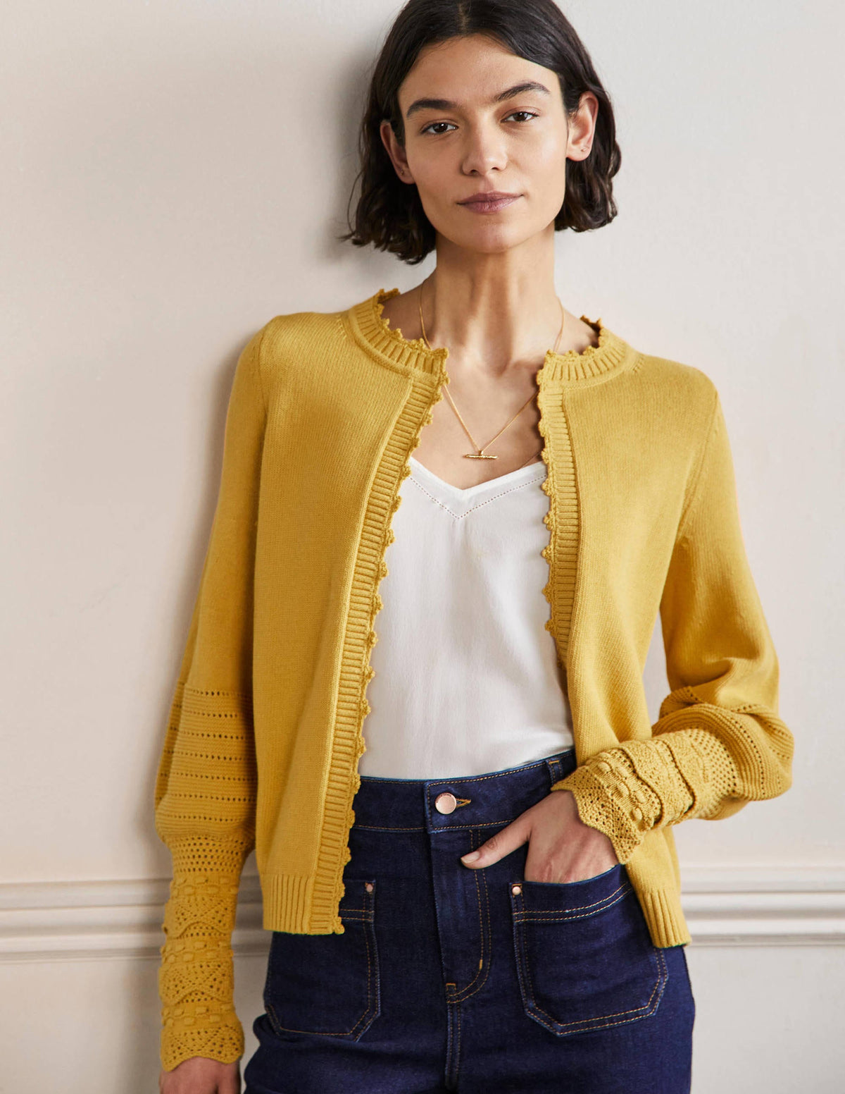 Sleeve Detail Knitted Cardigan-Butter-1