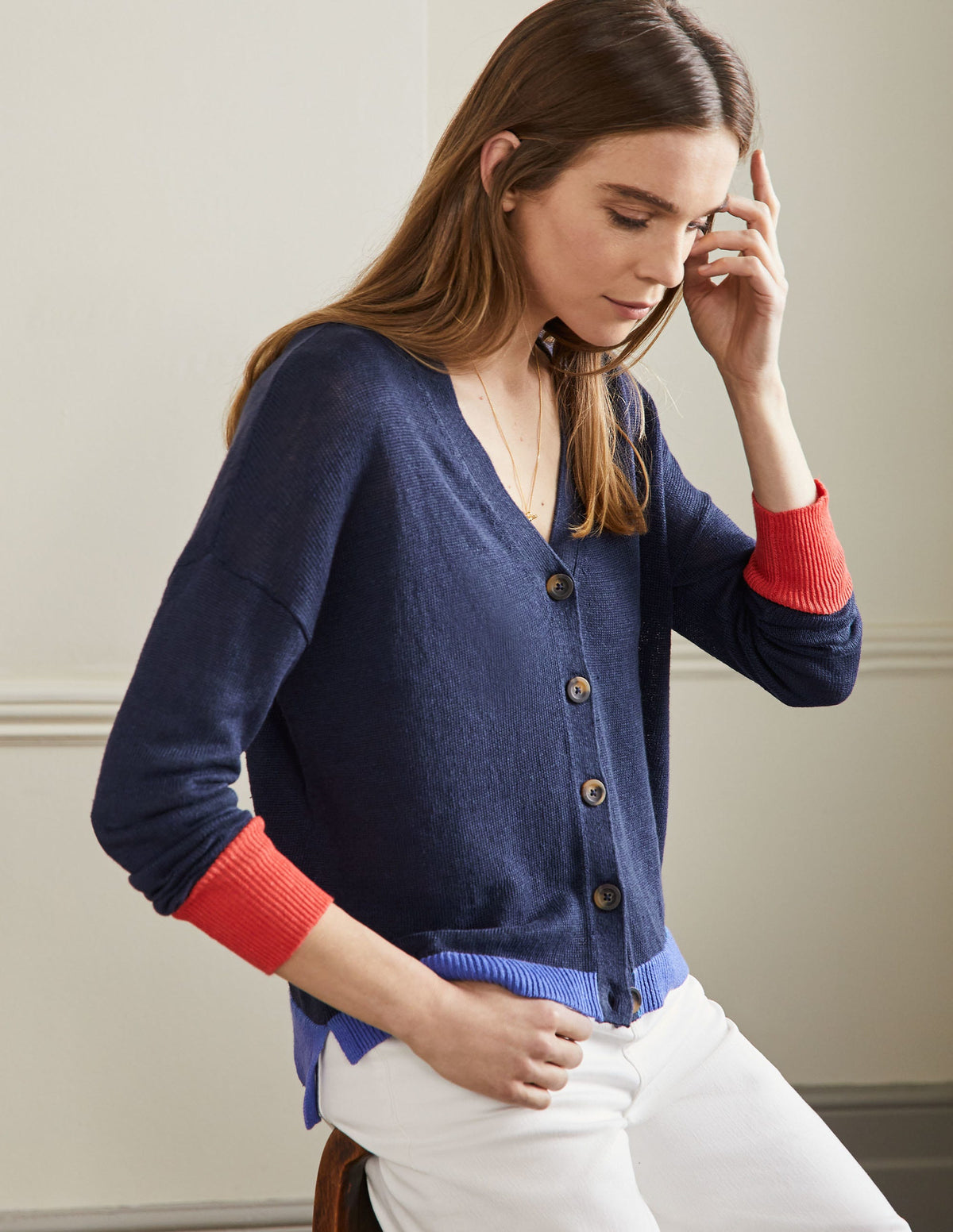 Colourblock Linen Cardigan-Navy Colourblock - Image 1