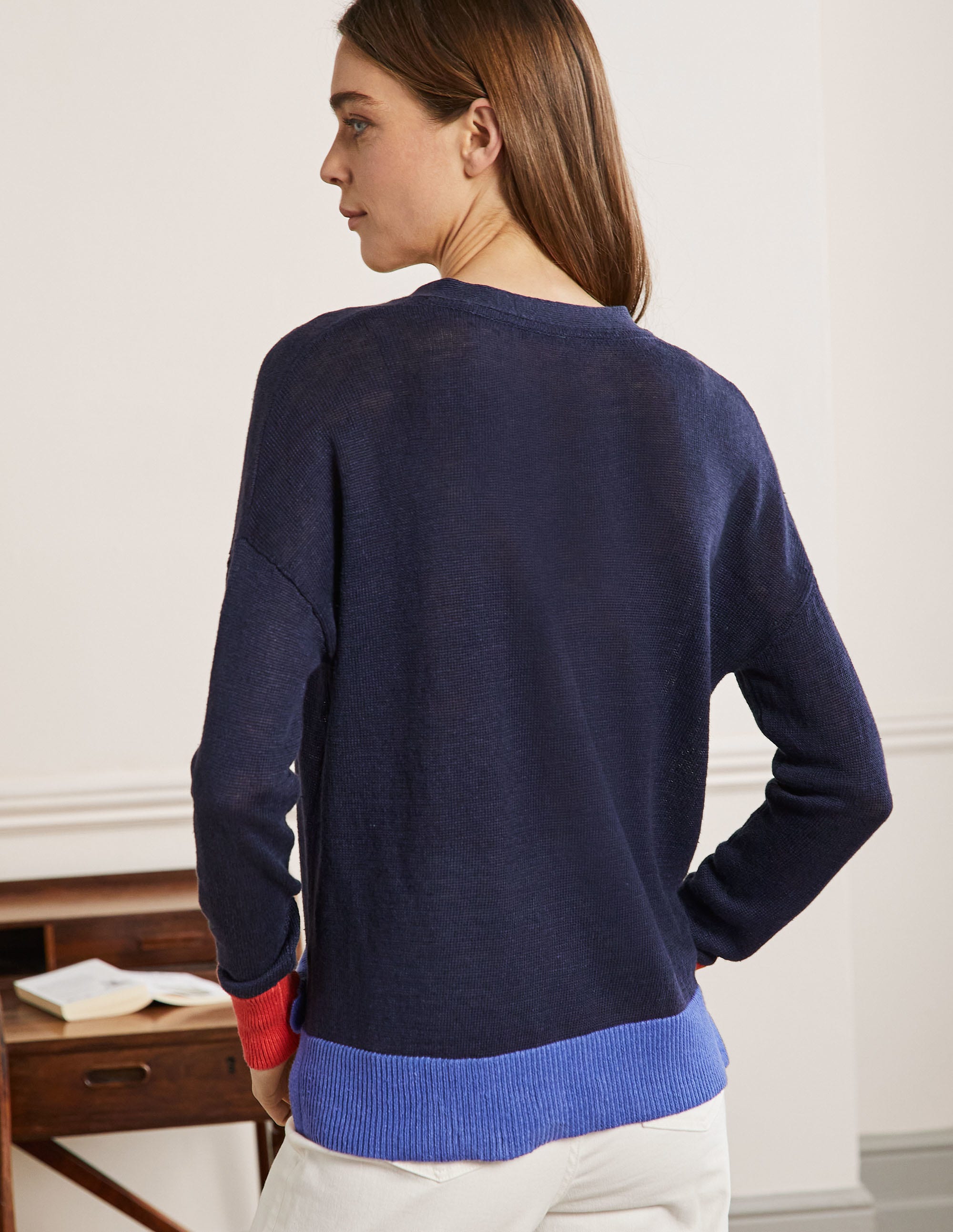 Colourblock Linen Cardigan-Navy Colourblock - Image 3