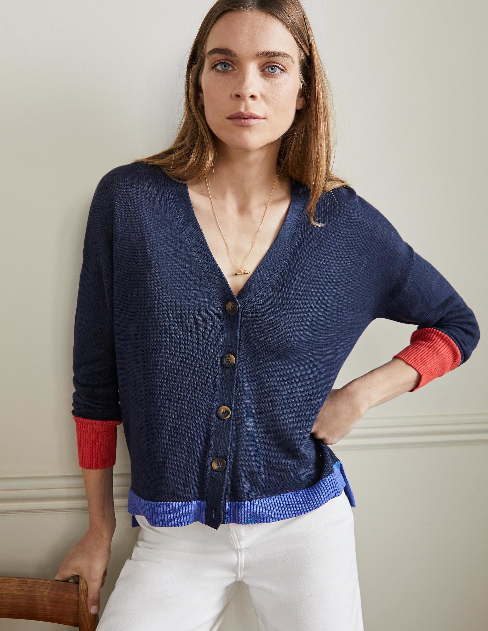Colourblock Linen Cardigan-Navy Colourblock - Image 4