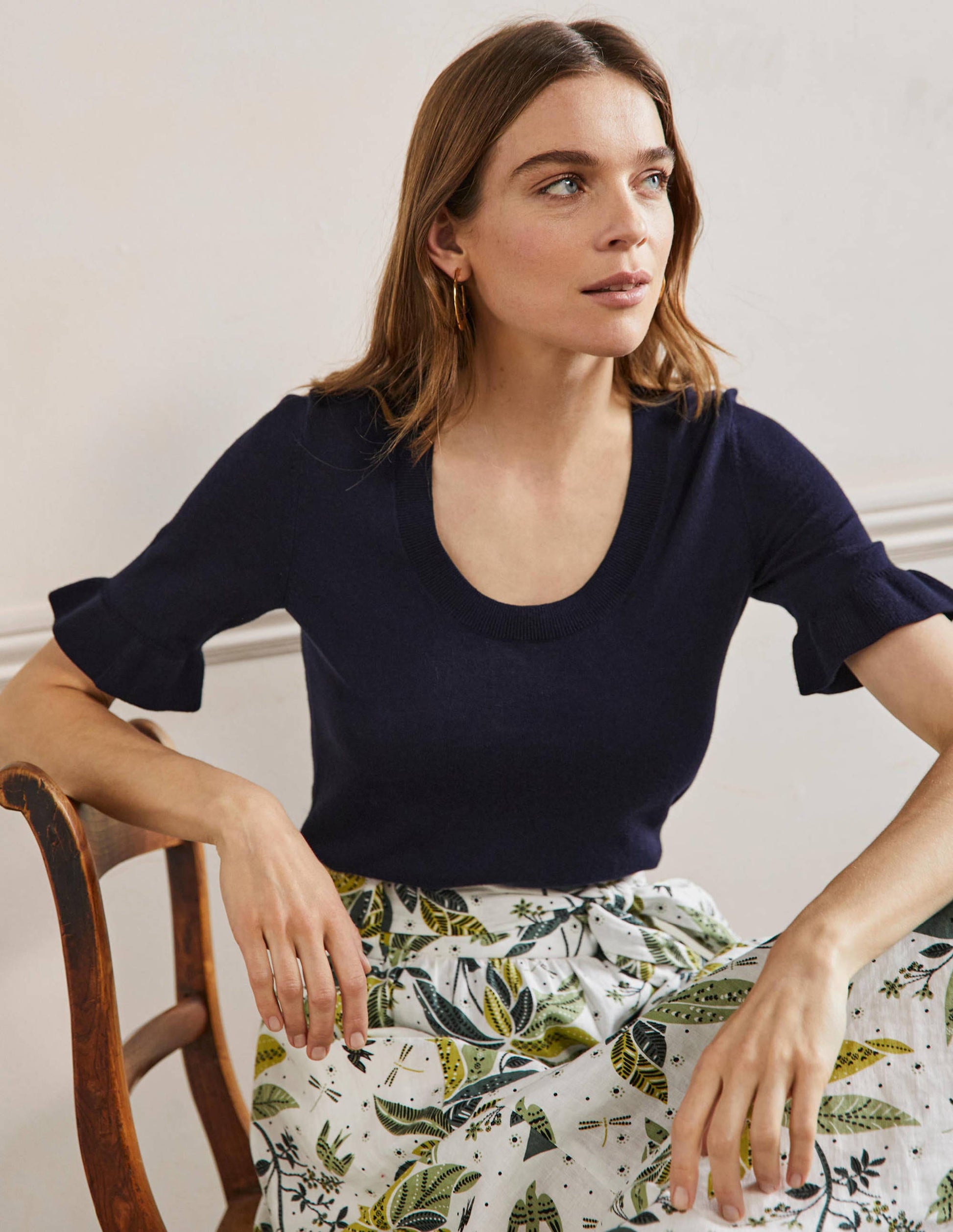 Frill Sleeve Knitted T-Shirt-Navy-1